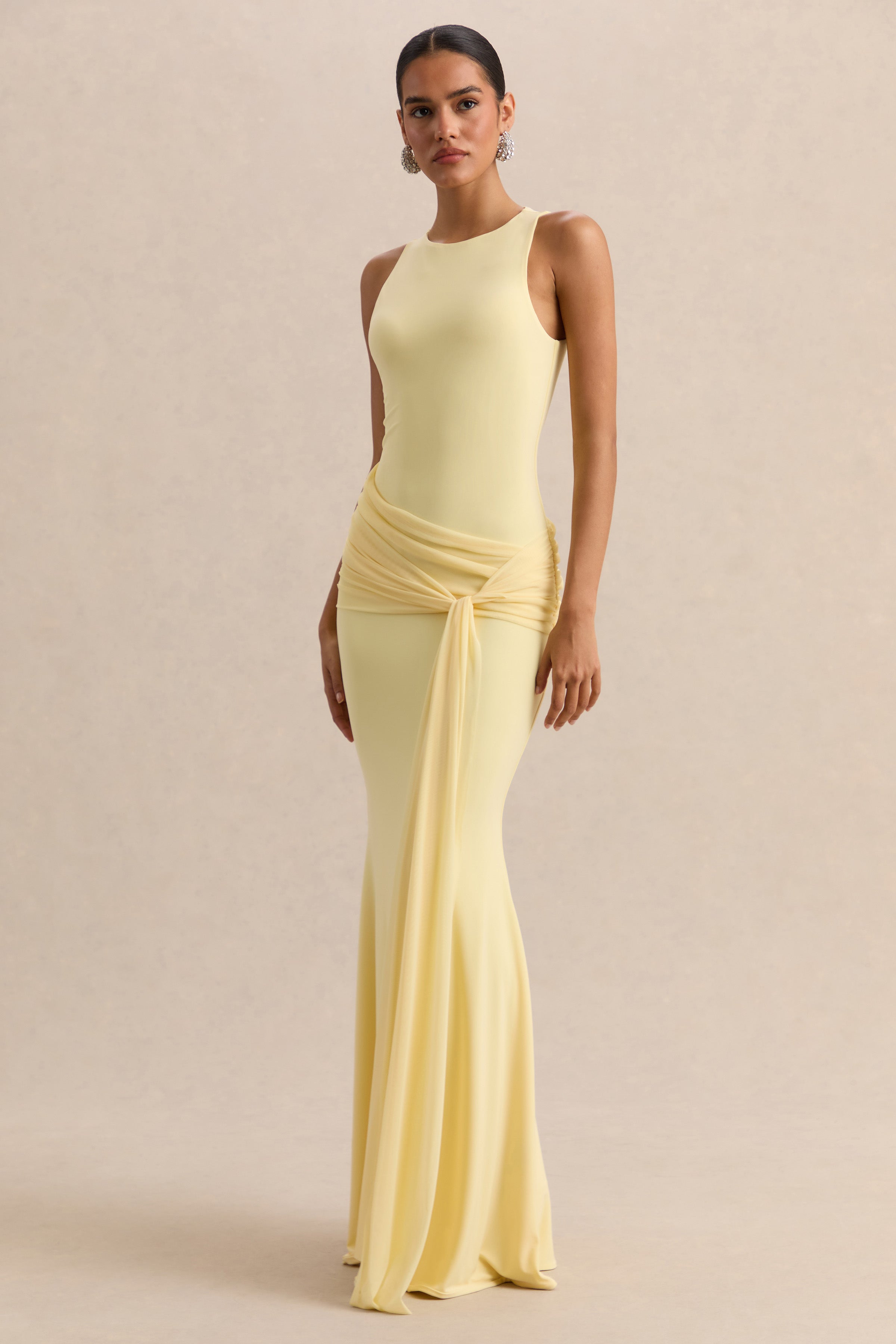 Mirene | Lemon Round-Neck Maxi-Dress With Gathered-Detailing And Sash