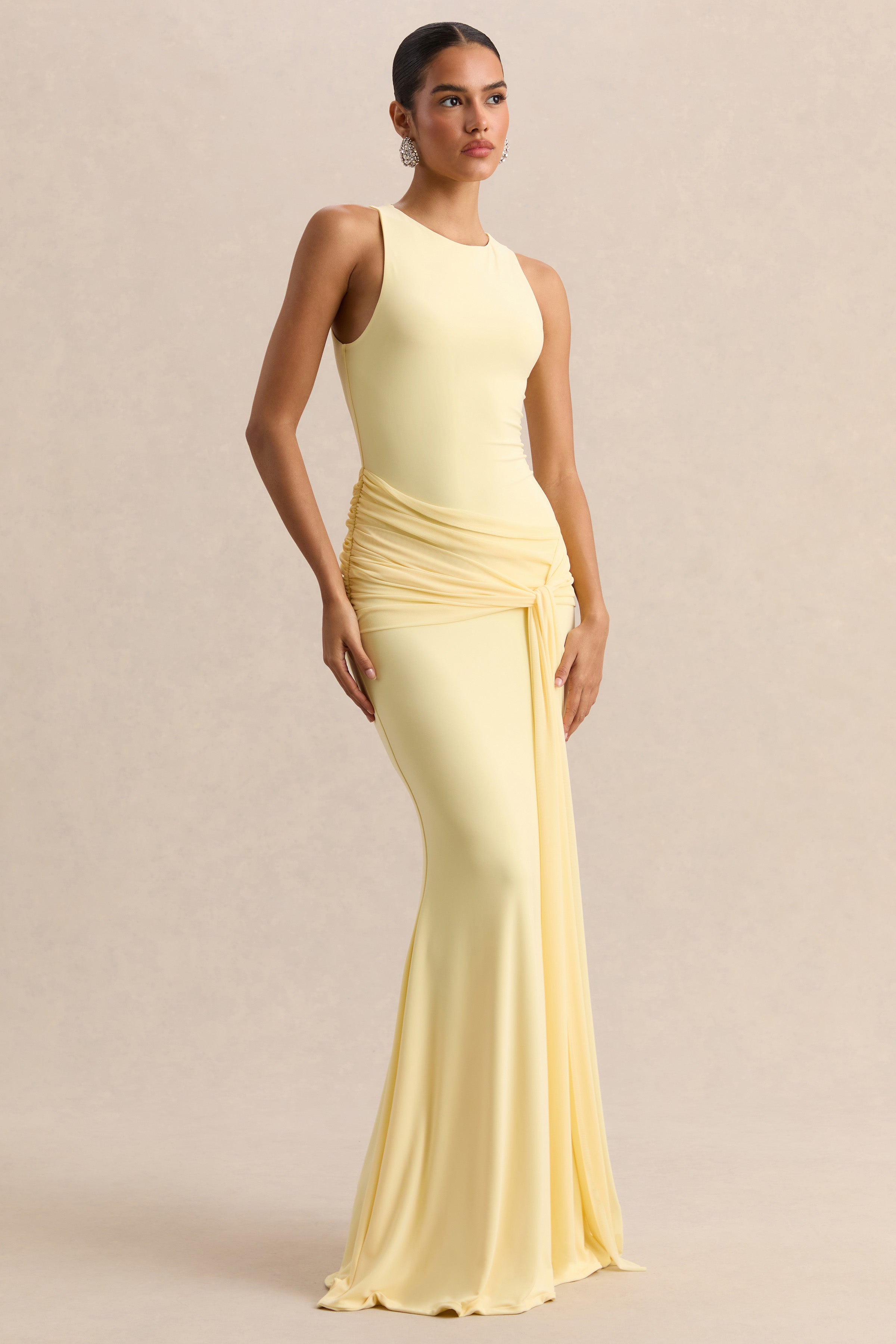 Mirene | Lemon Round-Neck Maxi-Dress With Gathered-Detailing And Sash