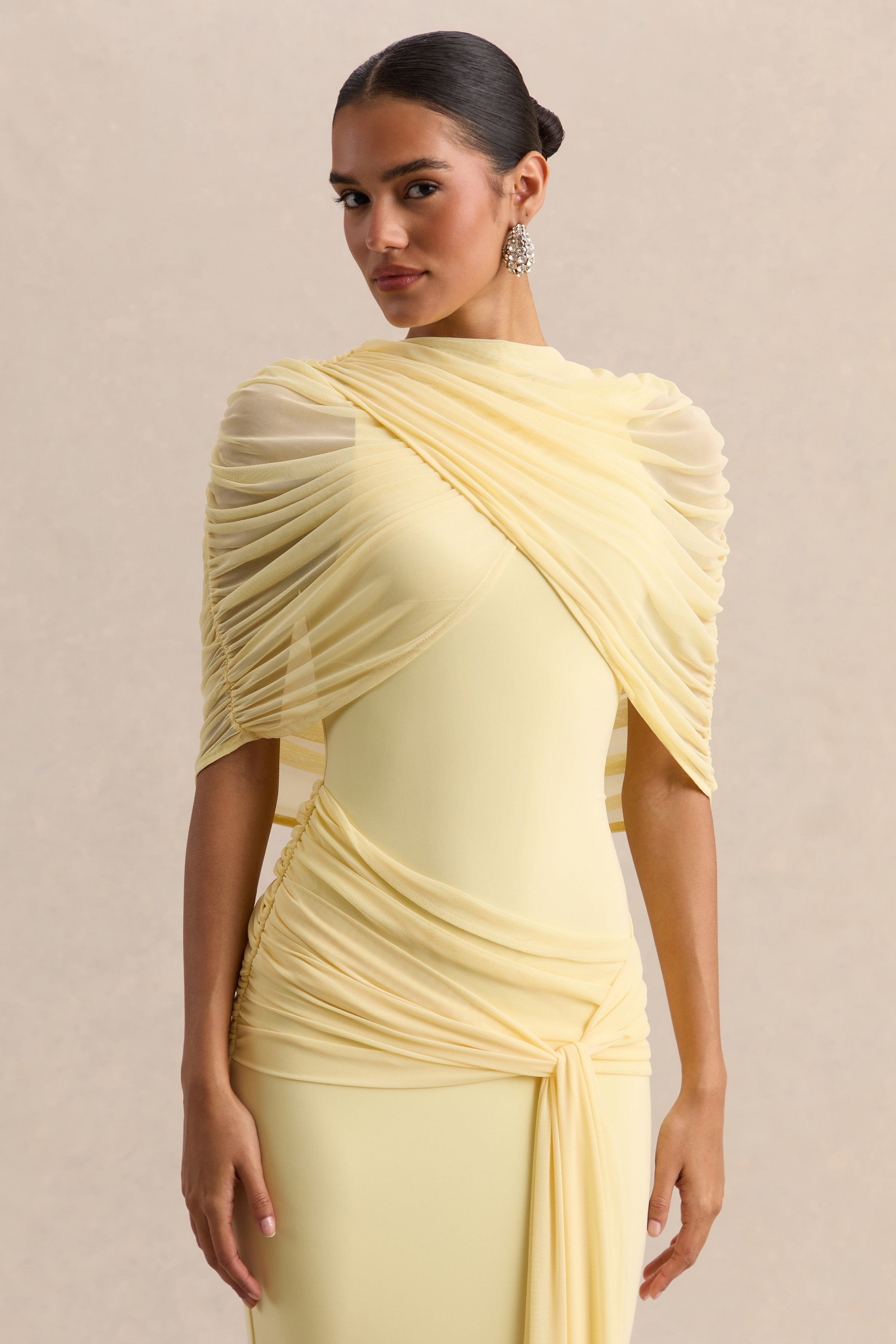 Mirene | Lemon Round-Neck Maxi-Dress With Gathered-Detailing And Sash