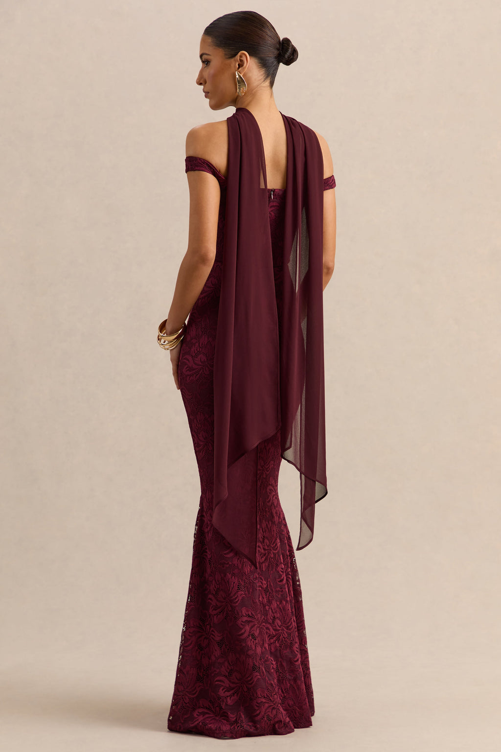 Iselle | Burgundy Lace Bardot-Neck Maxi Dress With Scarf-Detail