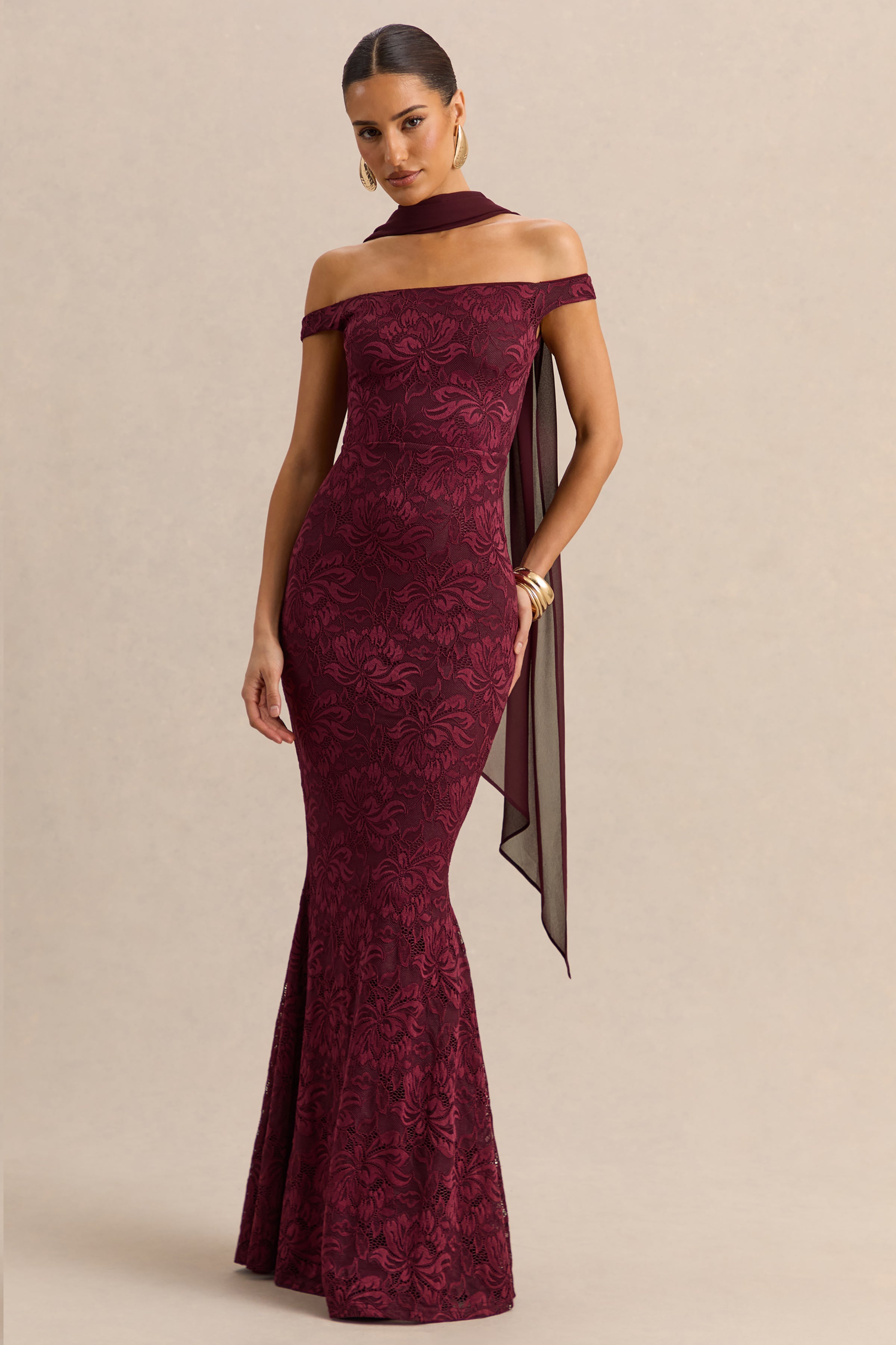 Iselle | Burgundy Lace Bardot-Neck Maxi Dress With Scarf-Detail
