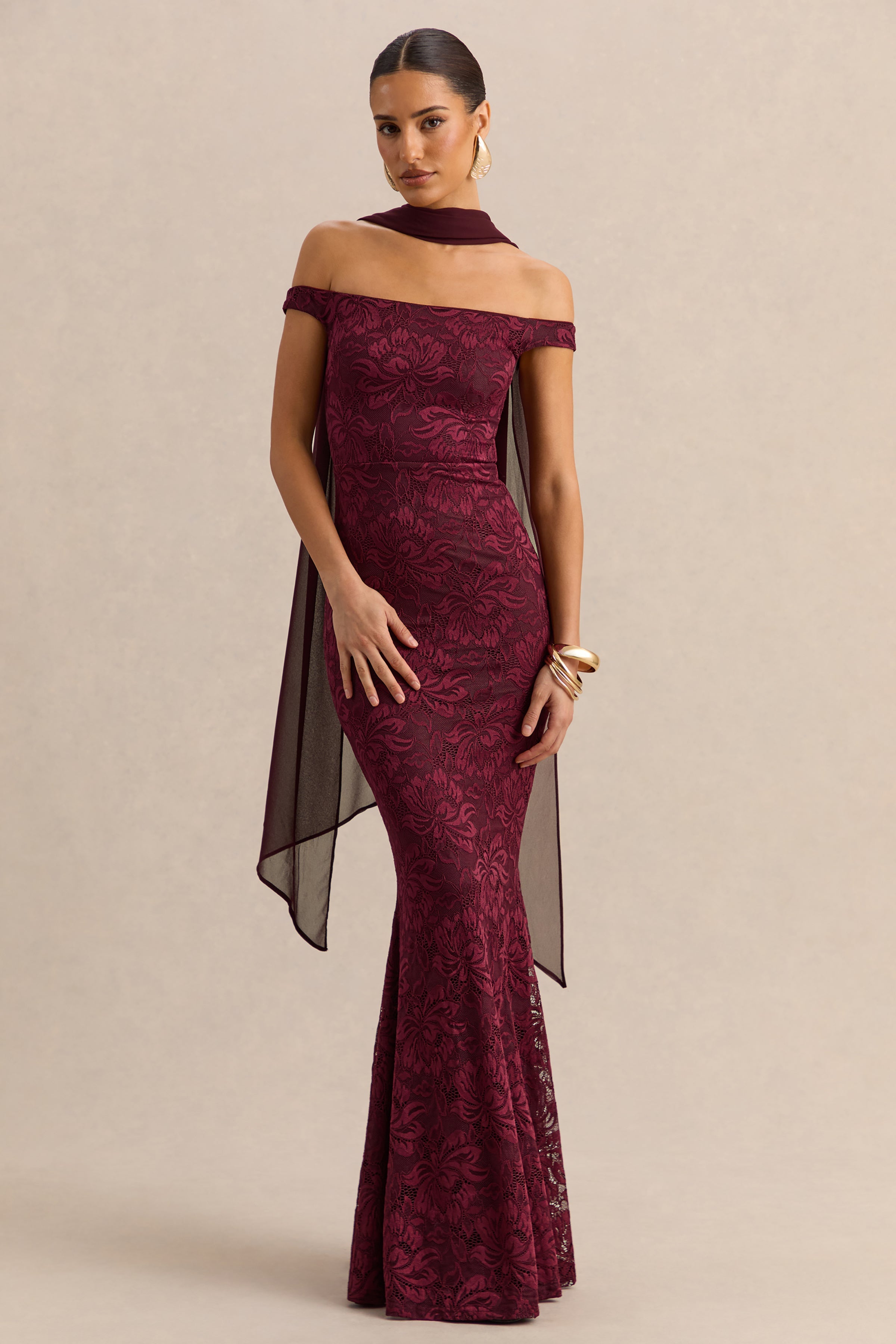 Iselle | Burgundy Lace Bardot-Neck Maxi Dress With Scarf-Detail
