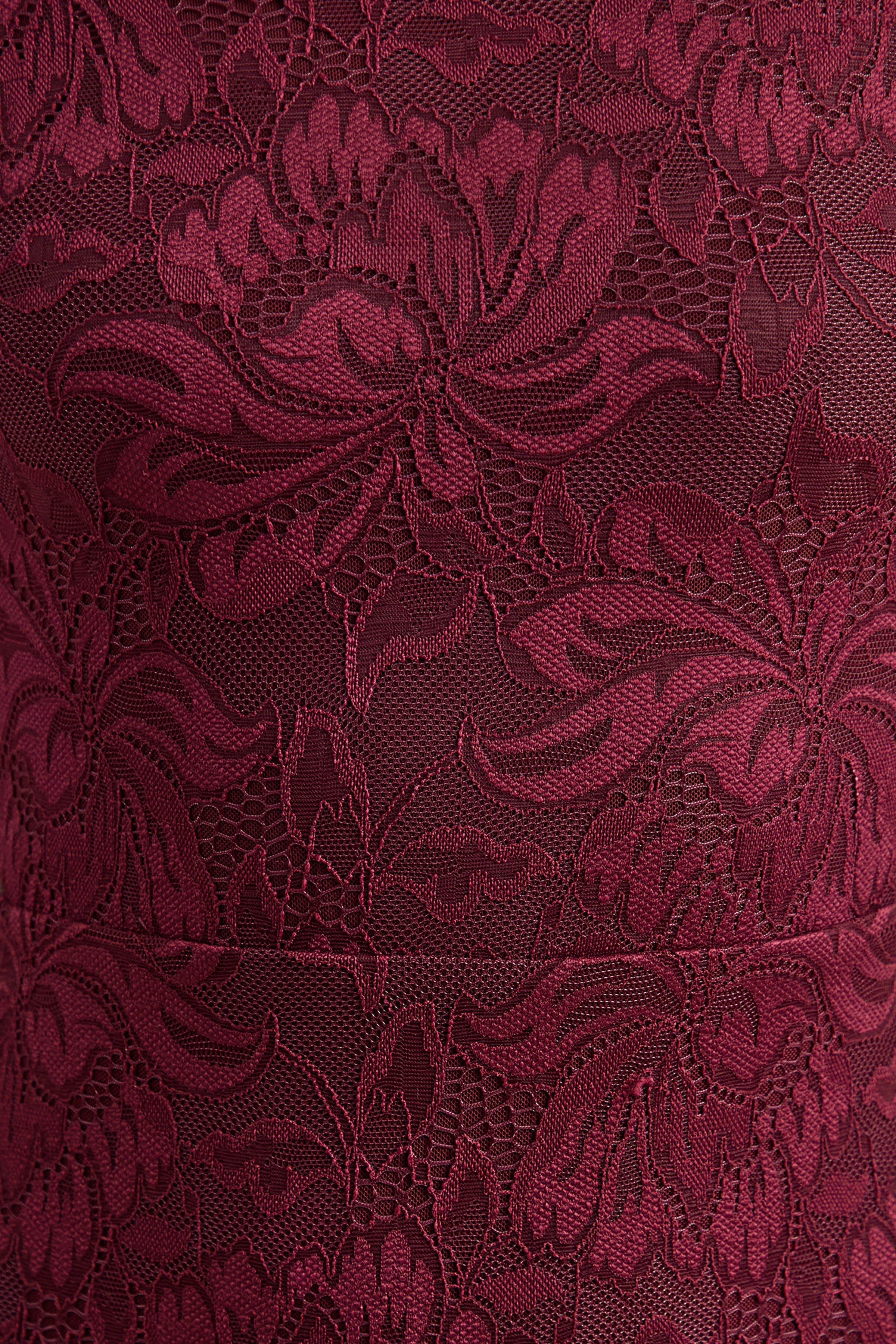 Iselle | Burgundy Lace Bardot-Neck Maxi Dress With Scarf-Detail