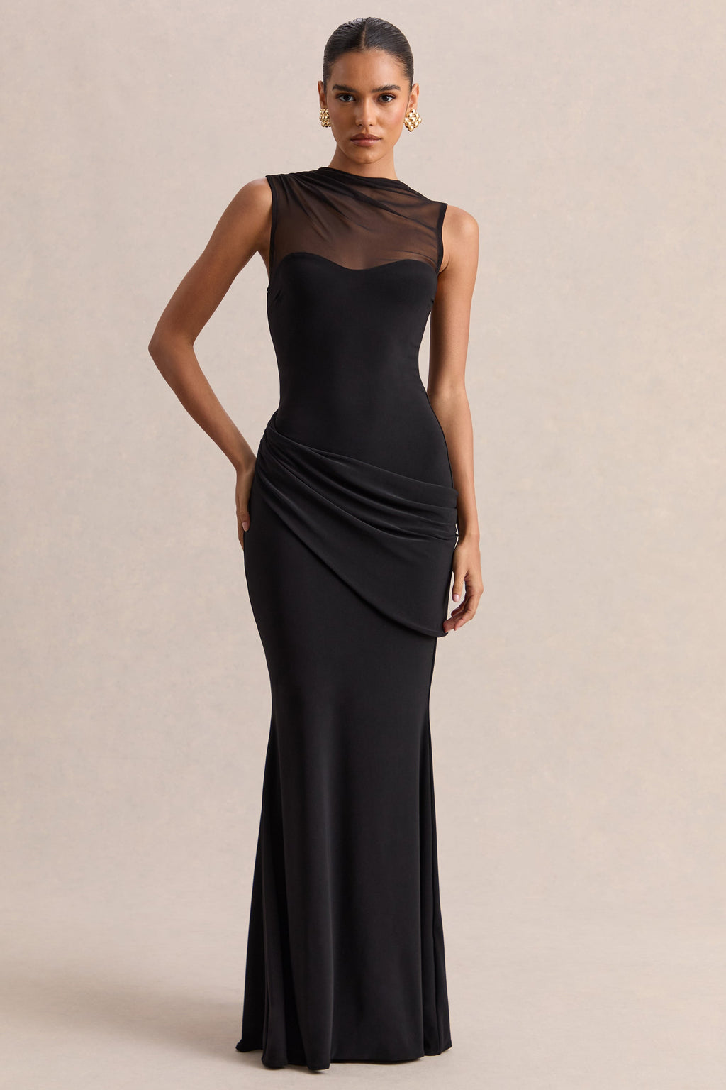 Lyssy | Black High-Neck Maxi Dress With Mesh-Detail