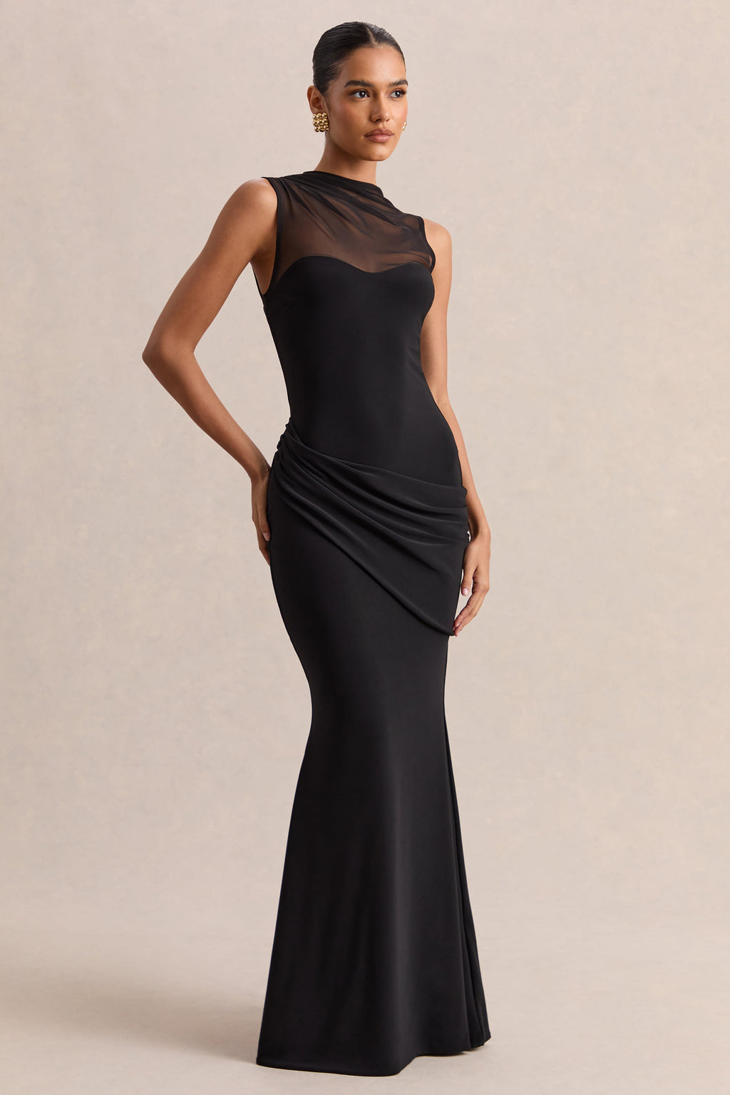 Lyssy | Black High-Neck Maxi Dress With Mesh-Detail