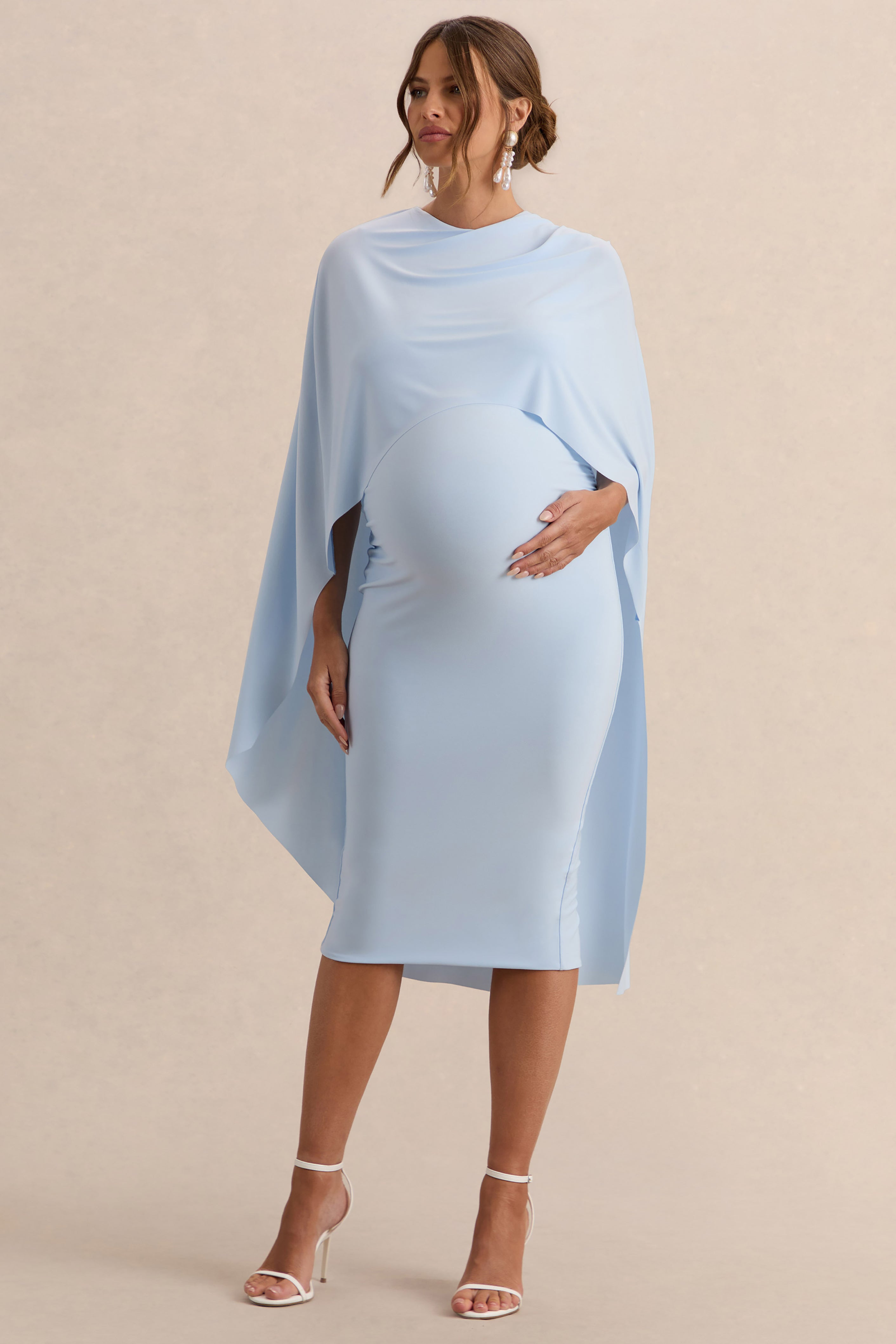 Arwen | Powder Blue Round-Neck Maternity Midi Dress With Cape Detail