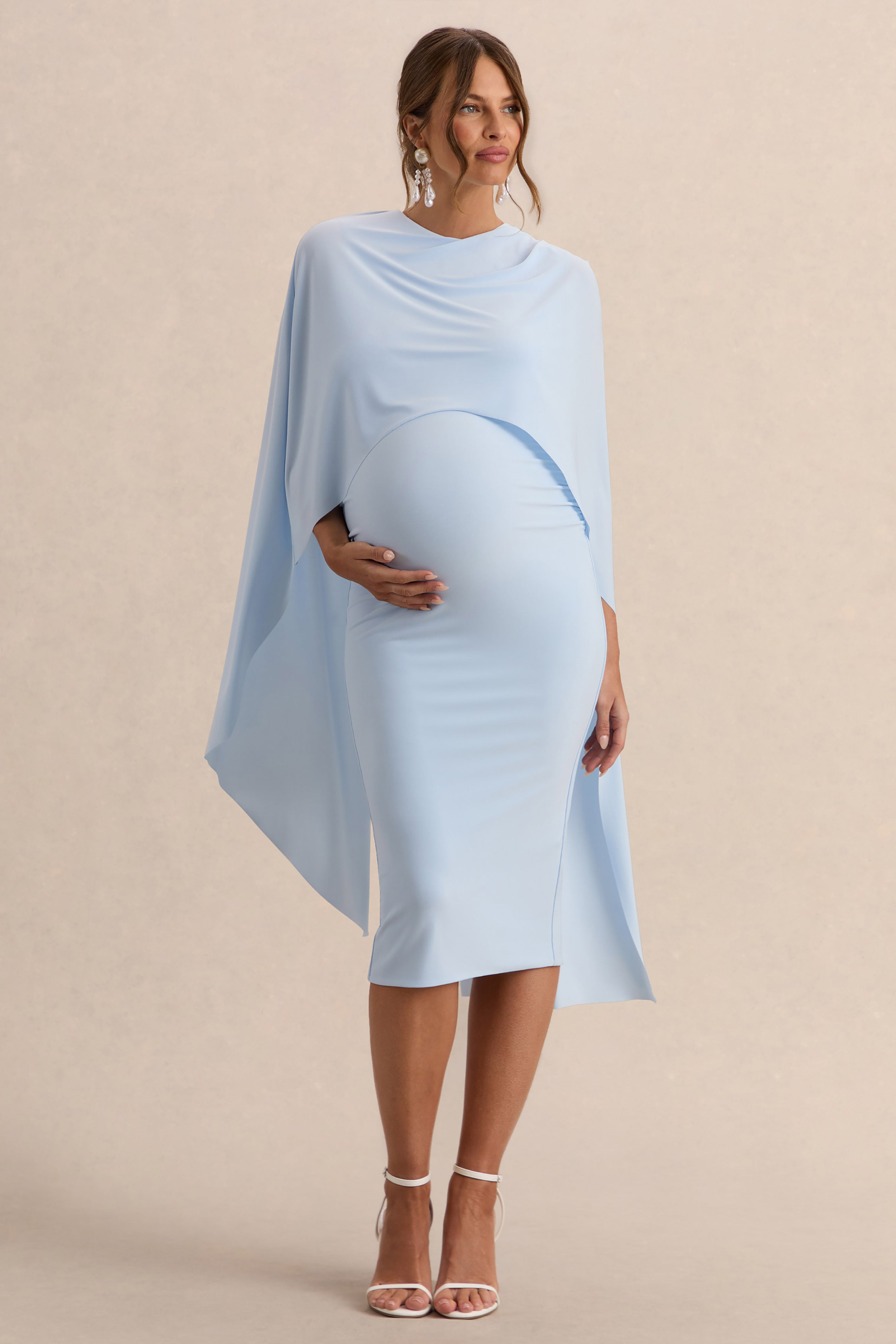 Arwen | Powder Blue Round-Neck Maternity Midi Dress With Cape Detail