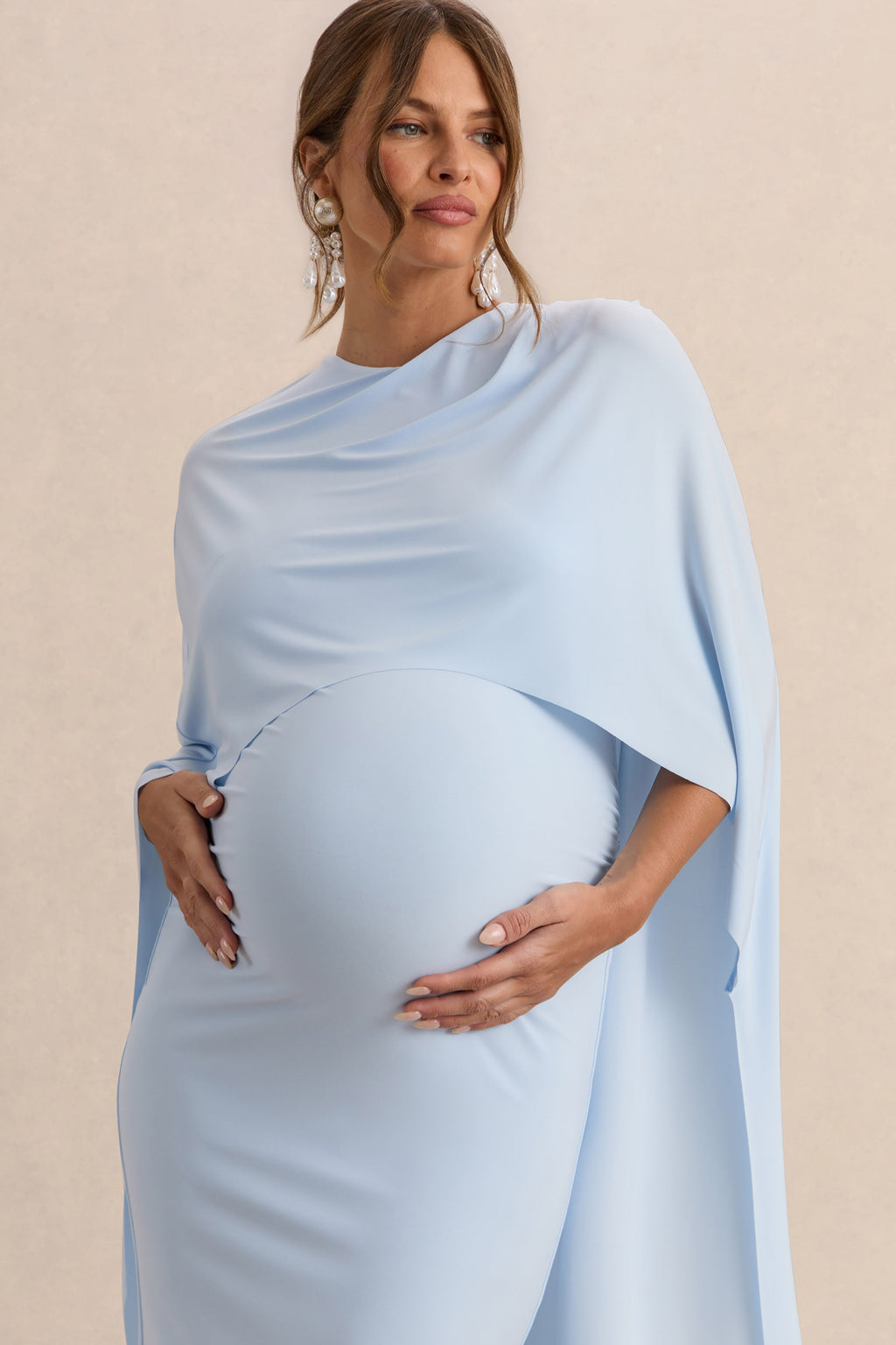 Arwen | Powder Blue Round-Neck Maternity Midi Dress With Cape Detail