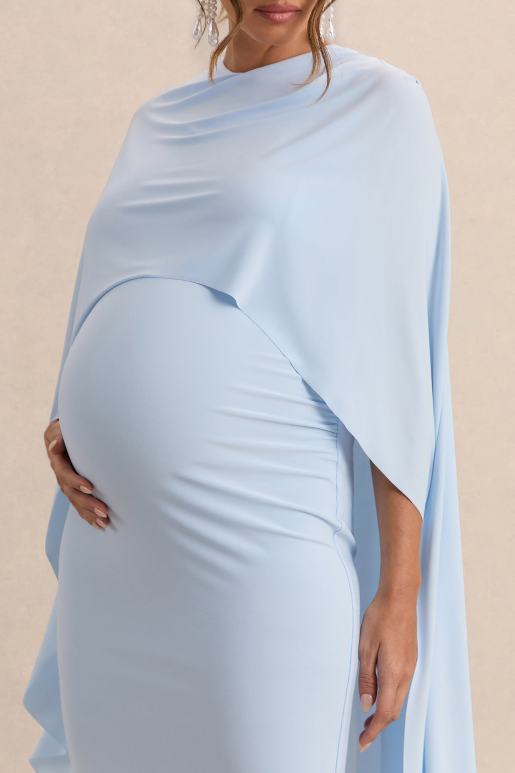 Arwen | Powder Blue Round-Neck Maternity Midi Dress With Cape Detail