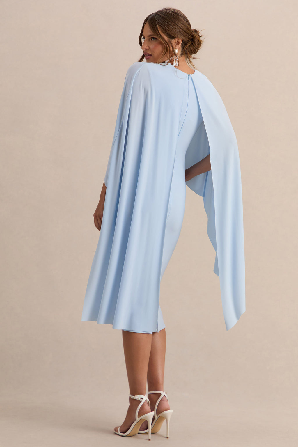 Arwen | Powder Blue Round-Neck Maternity Midi Dress With Cape Detail
