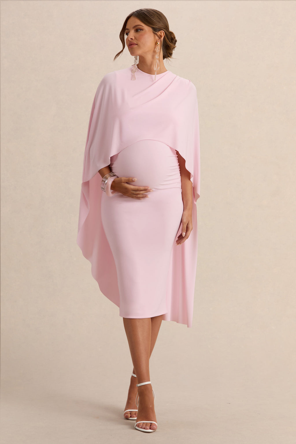Arwen | Light Pink Round-Neck Maternity Midi Dress With Cape Detail