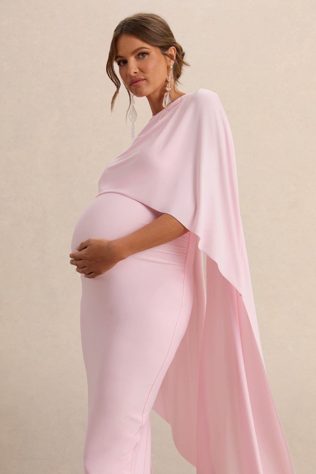 Arwen | Light Pink Round-Neck Maternity Midi Dress With Cape Detail