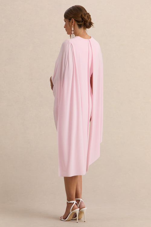 Arwen | Light Pink Round-Neck Maternity Midi Dress With Cape Detail