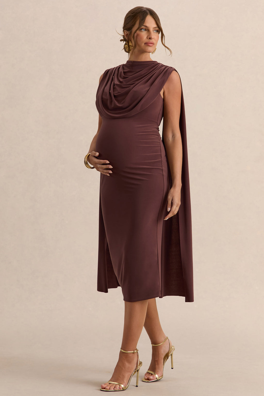 Milaine | Dark Brown Round-Neck Maternity Midi Dress With Cape Sleeves