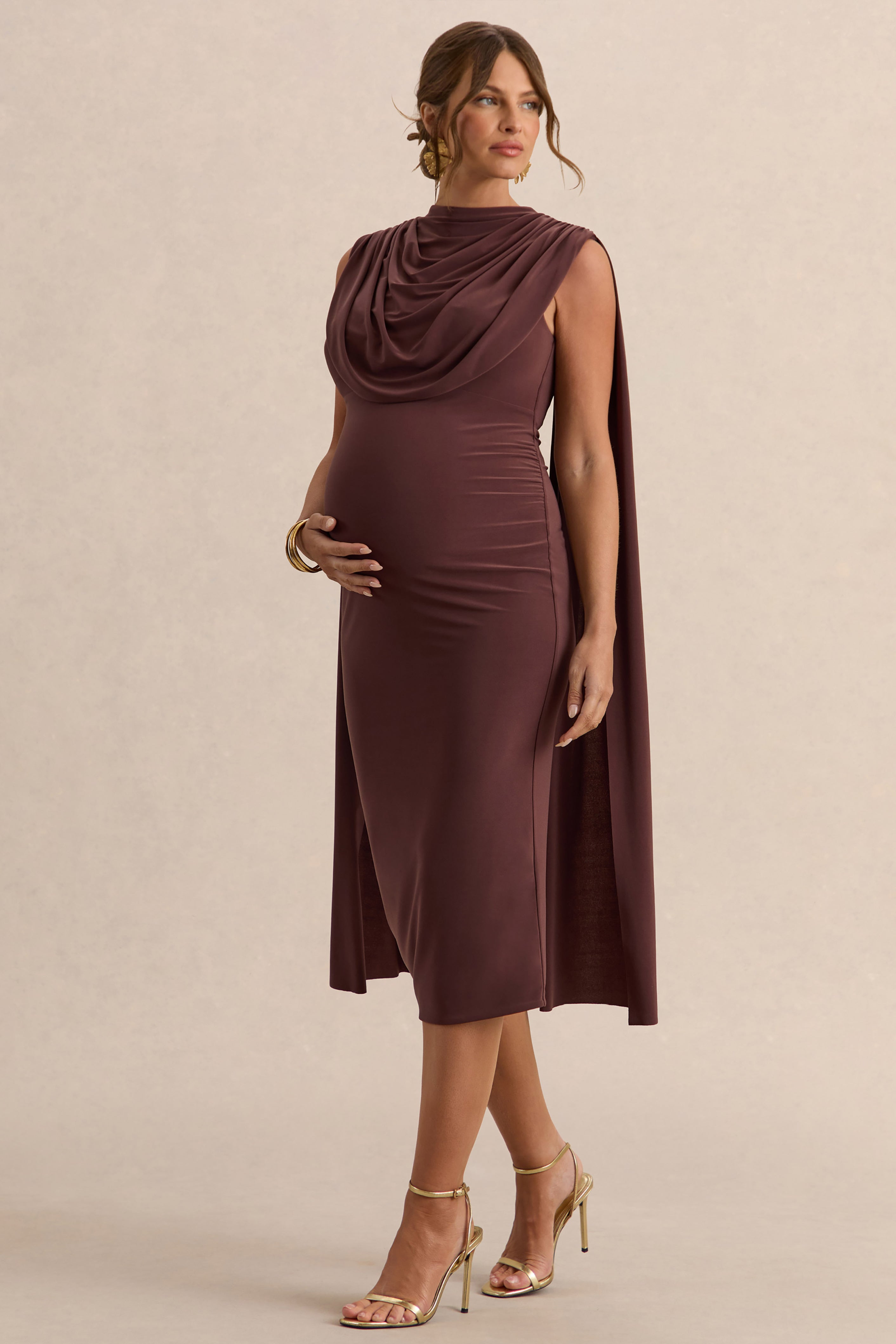 Milaine | Dark Brown Round-Neck Maternity Midi Dress With Cape Sleeves