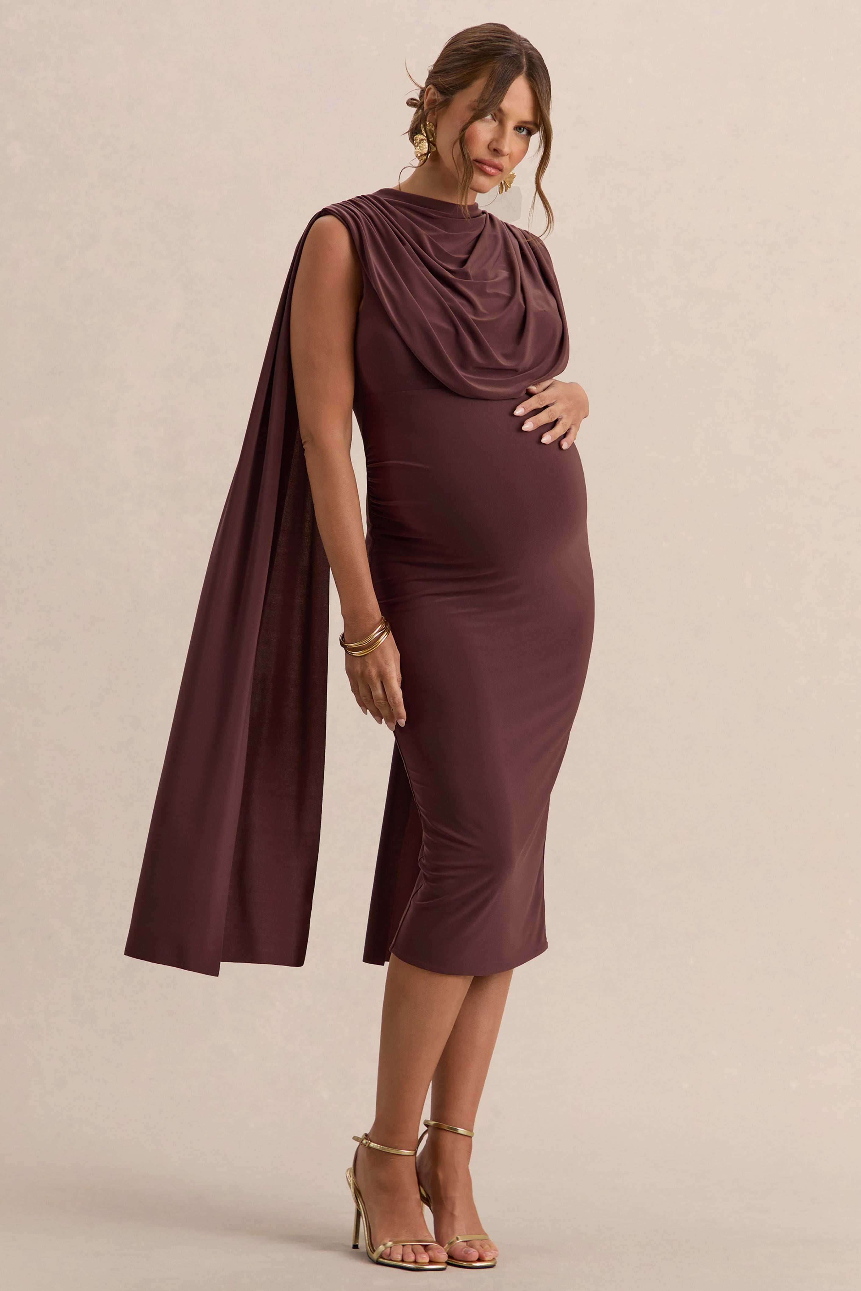 Milaine | Dark Brown Round-Neck Maternity Midi Dress With Cape Sleeves