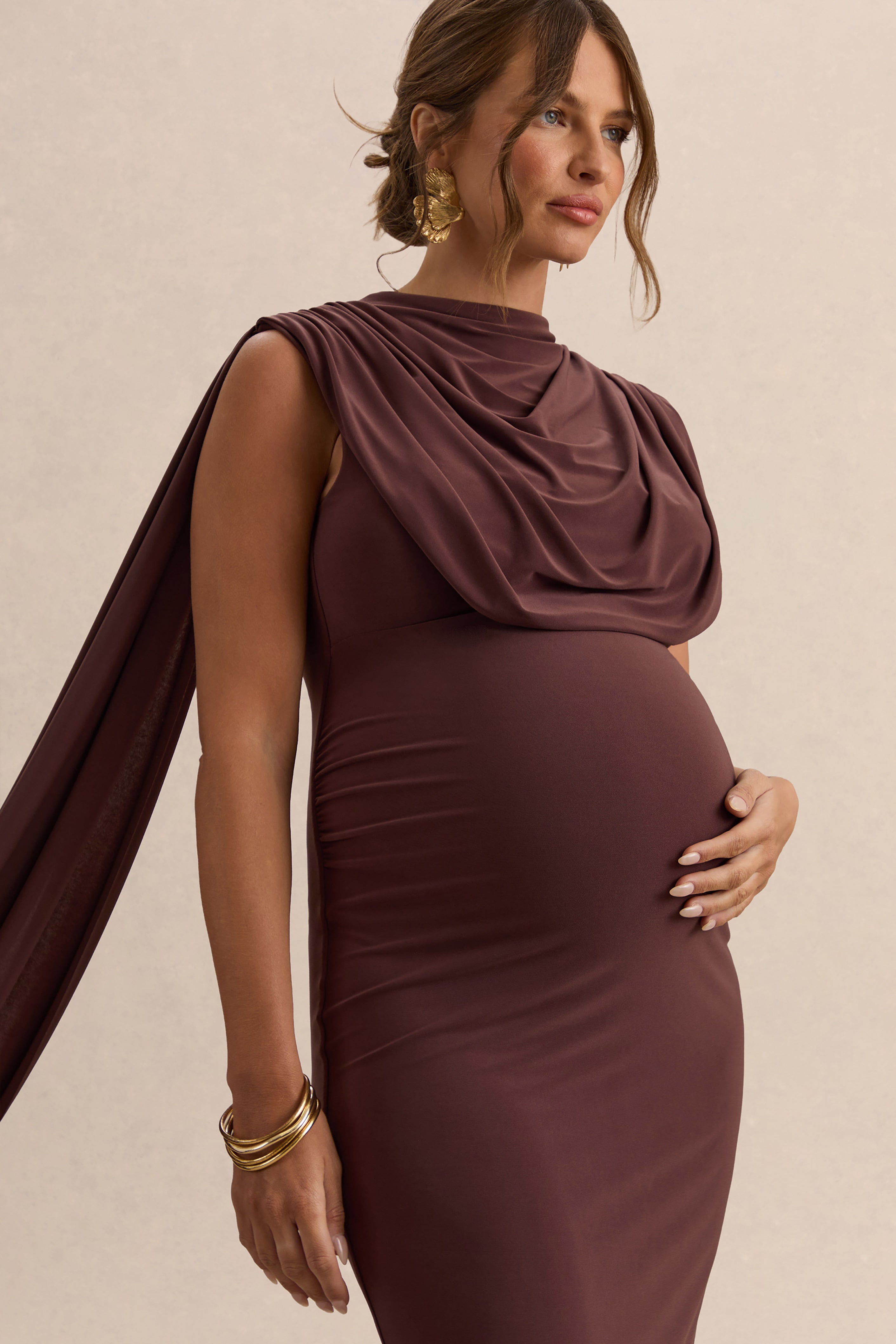 Milaine | Dark Brown Round-Neck Maternity Midi Dress With Cape Sleeves