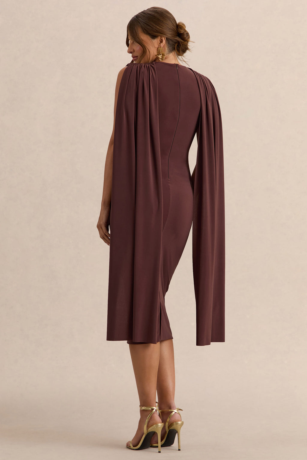 Milaine | Dark Brown Round-Neck Maternity Midi Dress With Cape Sleeves