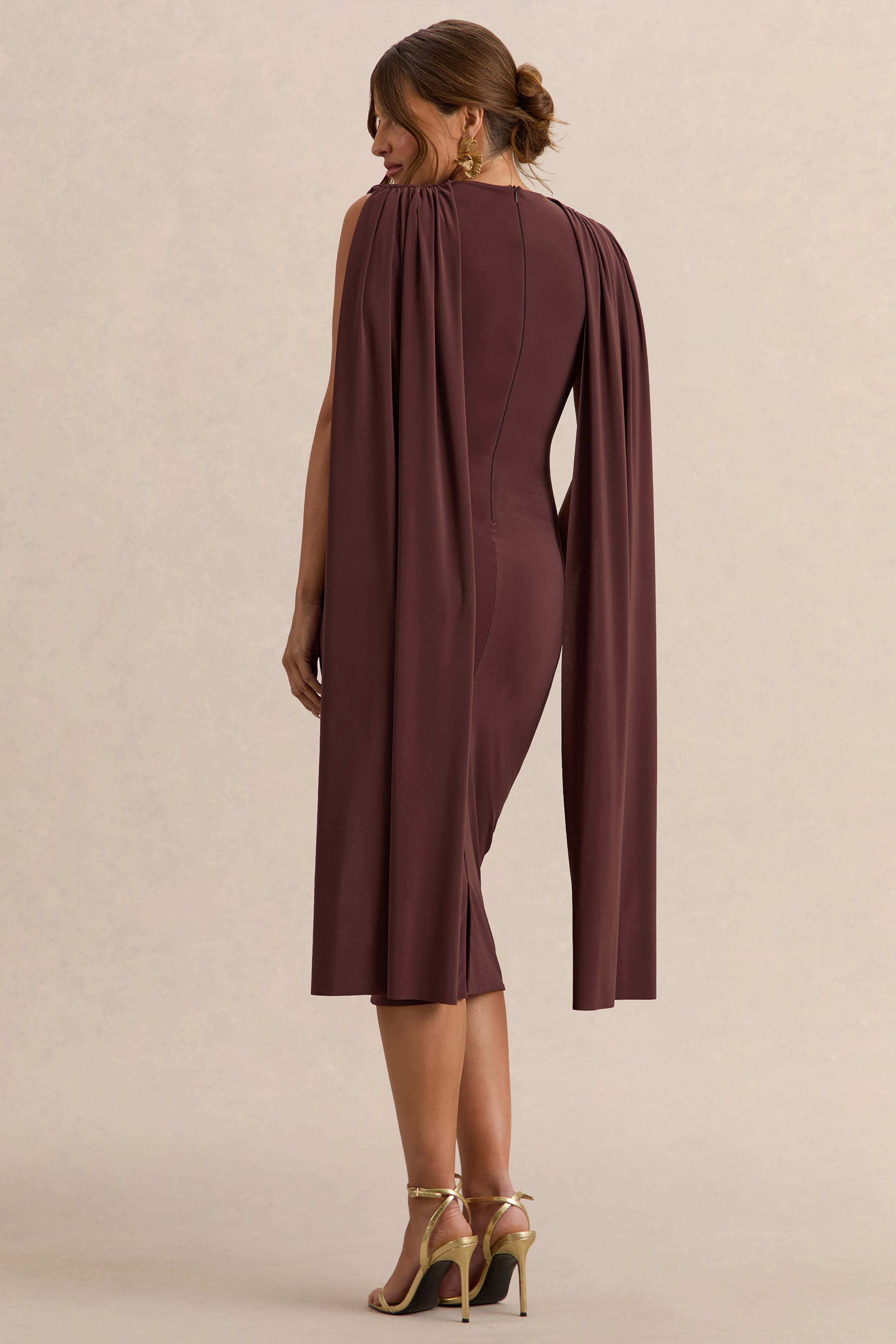 Milaine | Dark Brown Round-Neck Maternity Midi Dress With Cape Sleeves