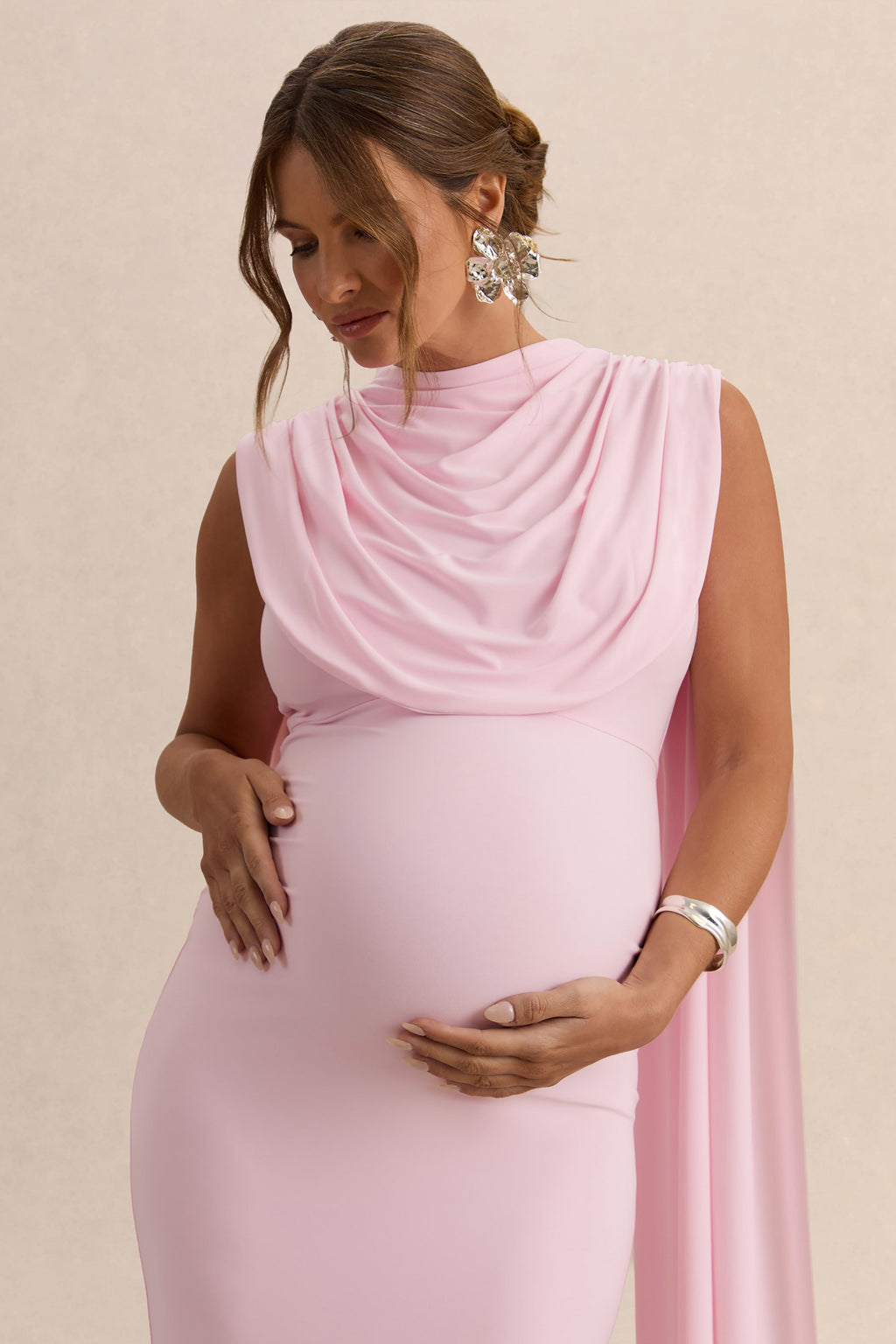 Milaine | Light Pink Round-Neck Maternity Midi Dress With Cape Sleeves