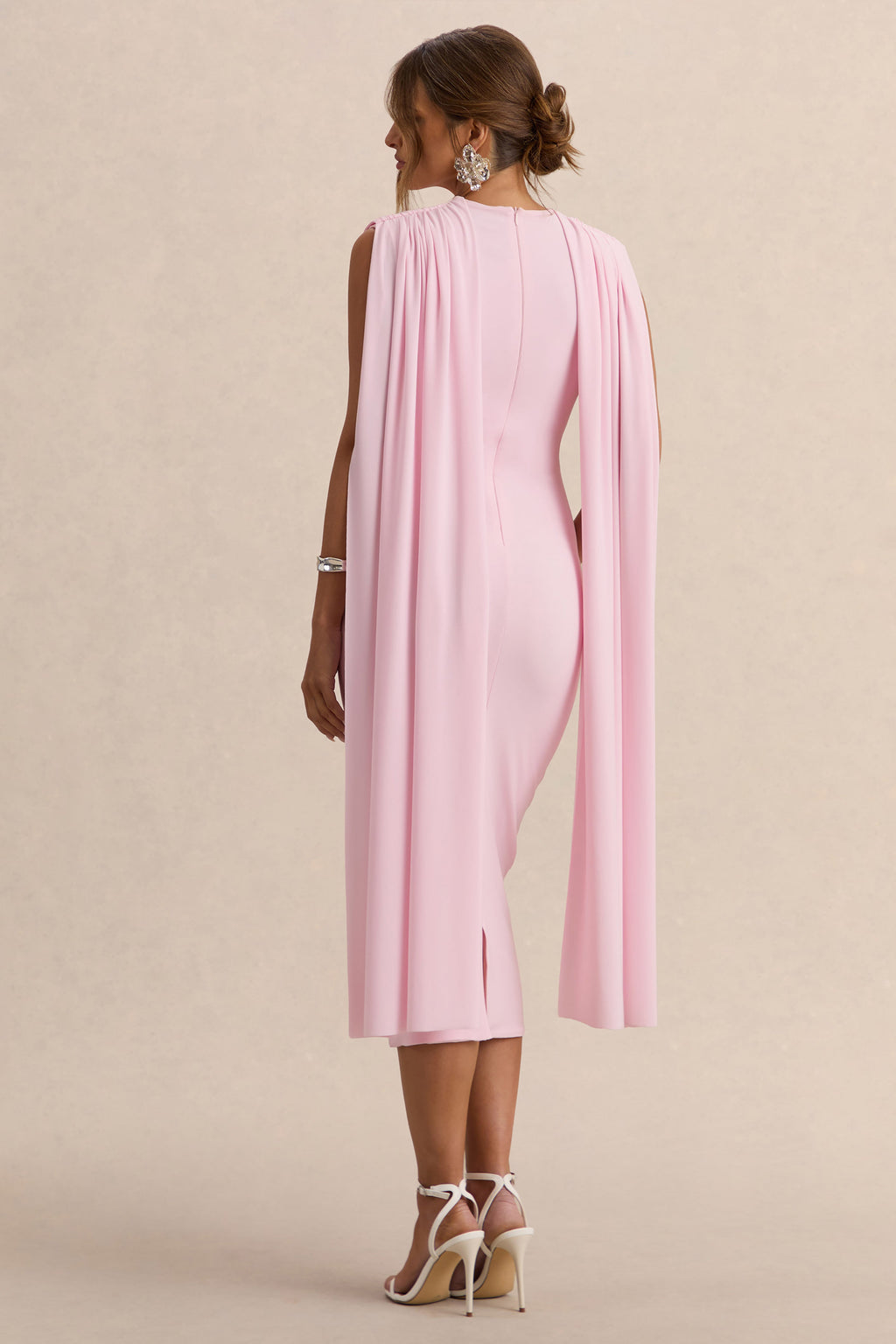 Milaine | Light Pink Round-Neck Maternity Midi Dress With Cape Sleeves