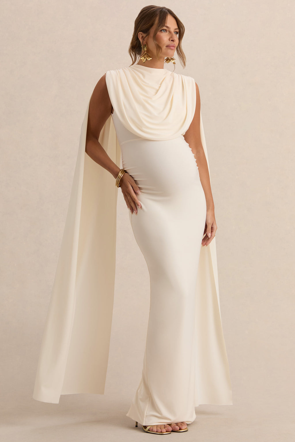 Belva | Cream Round-Neck Maternity Maxi Dress With Cape Detail