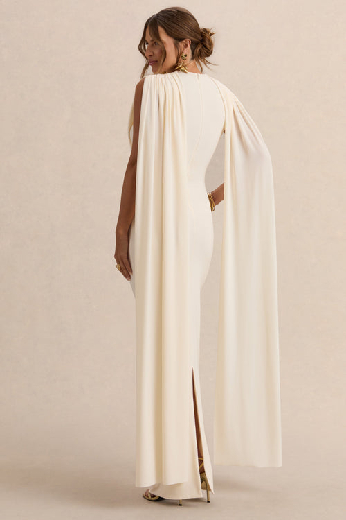 Belva | Cream Round-Neck Maternity Maxi Dress With Cape Detail