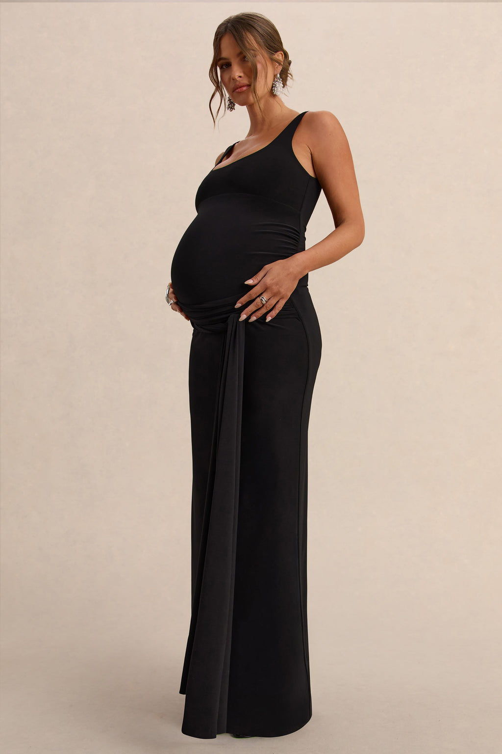 Felise | Black Scoop-Neck Maternity Maxi Dress With Gathered Detailing