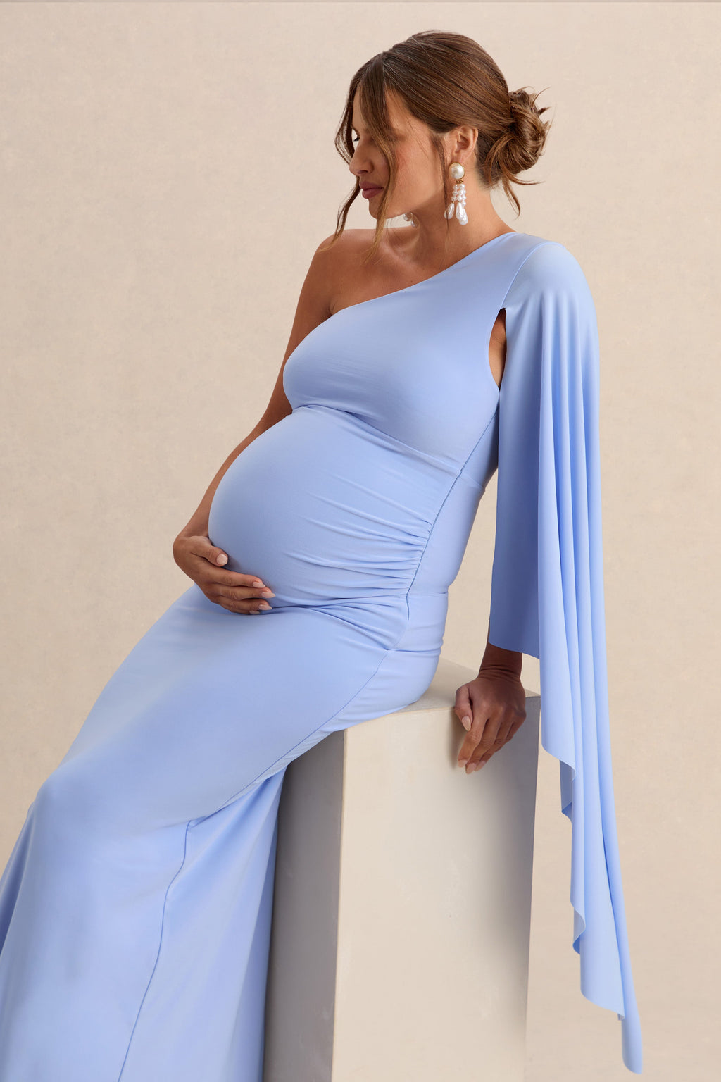 Shanae | Light Blue Asymmetric-Neck Maternity Maxi Dress With Cape Sleeve And Gathered Detailing