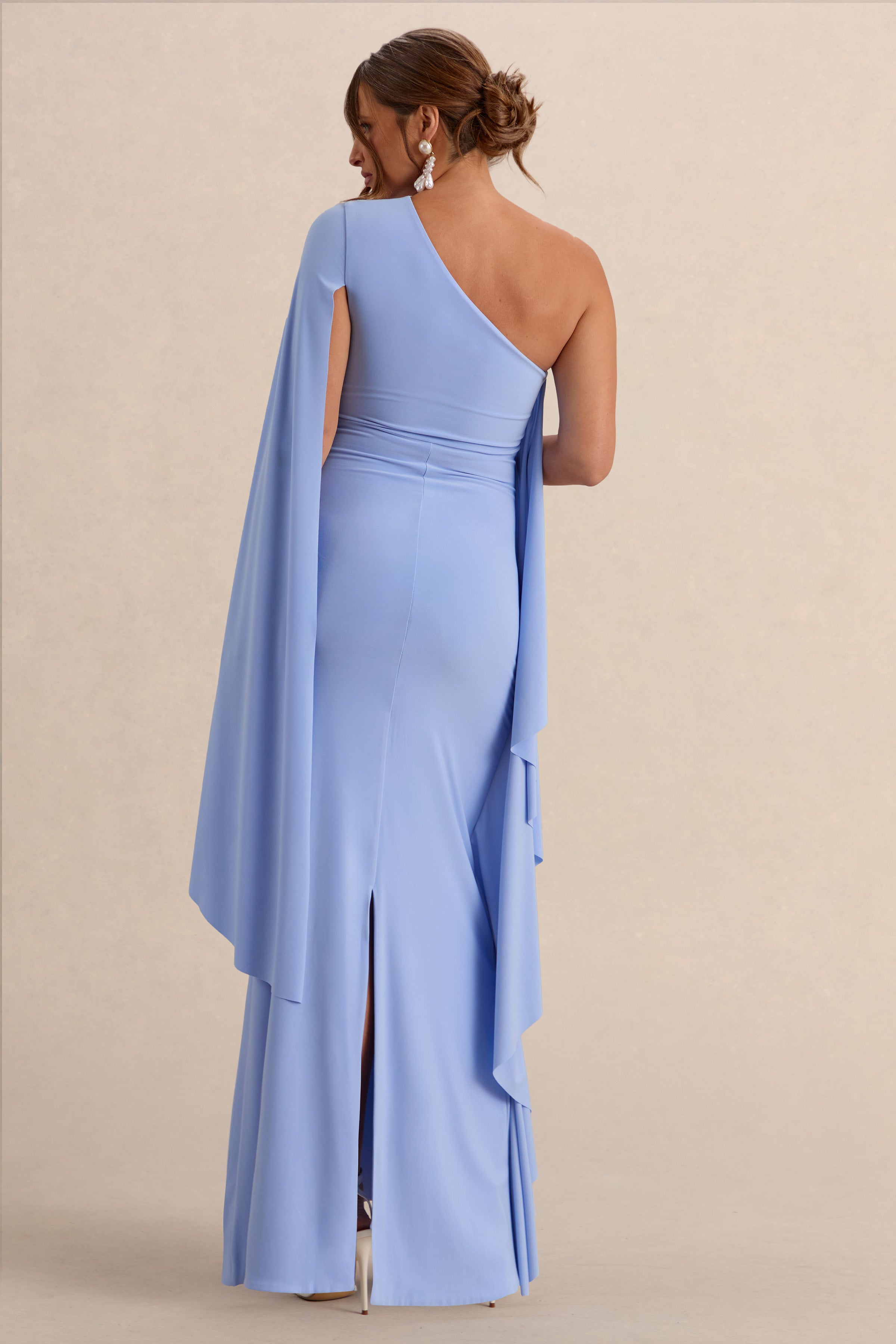 Shanae | Light Blue Asymmetric-Neck Maternity Maxi Dress With Cape Sleeve And Gathered Detailing