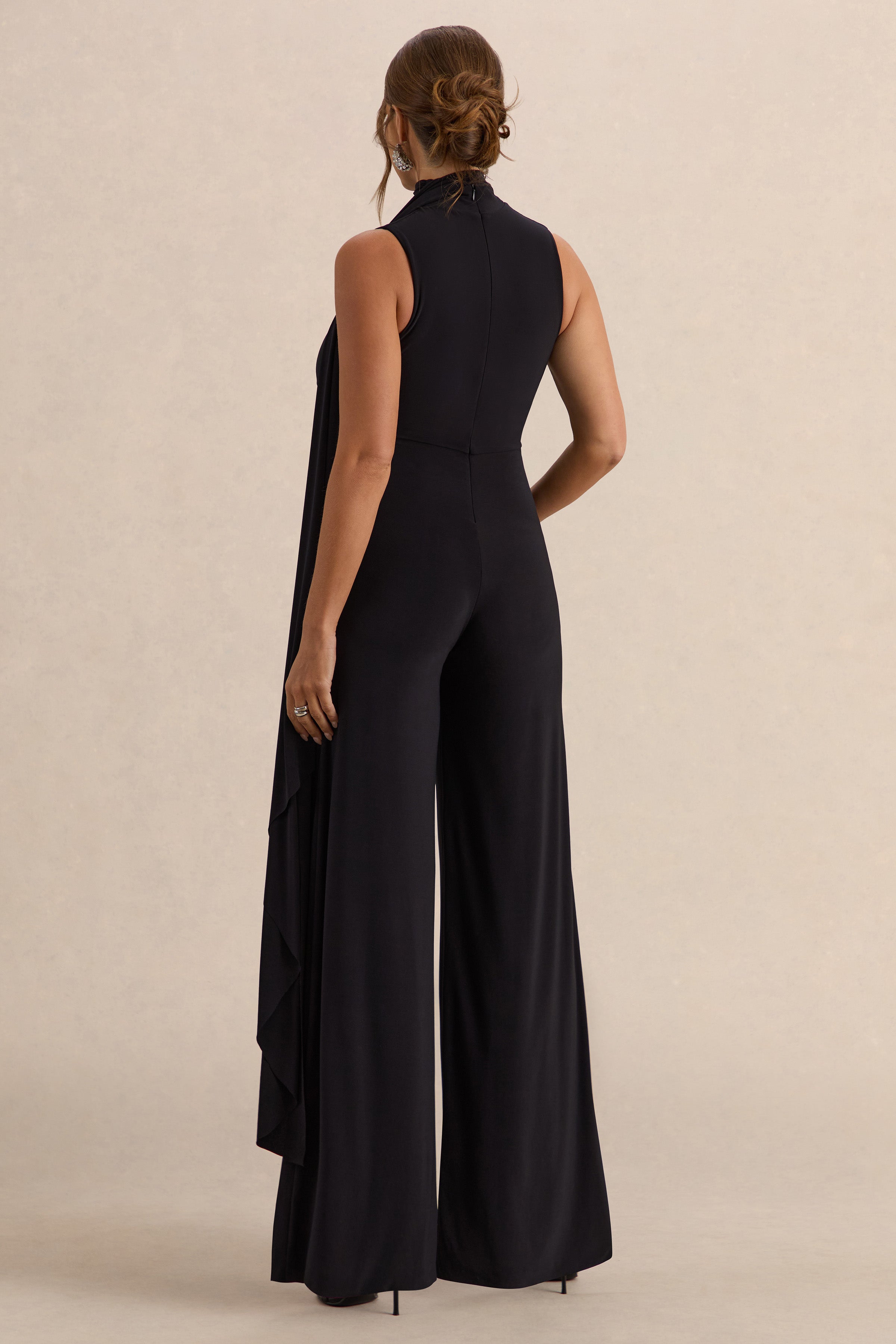 Renza | Black High-Neck Maternity Jumpsuit With Scarf Detail