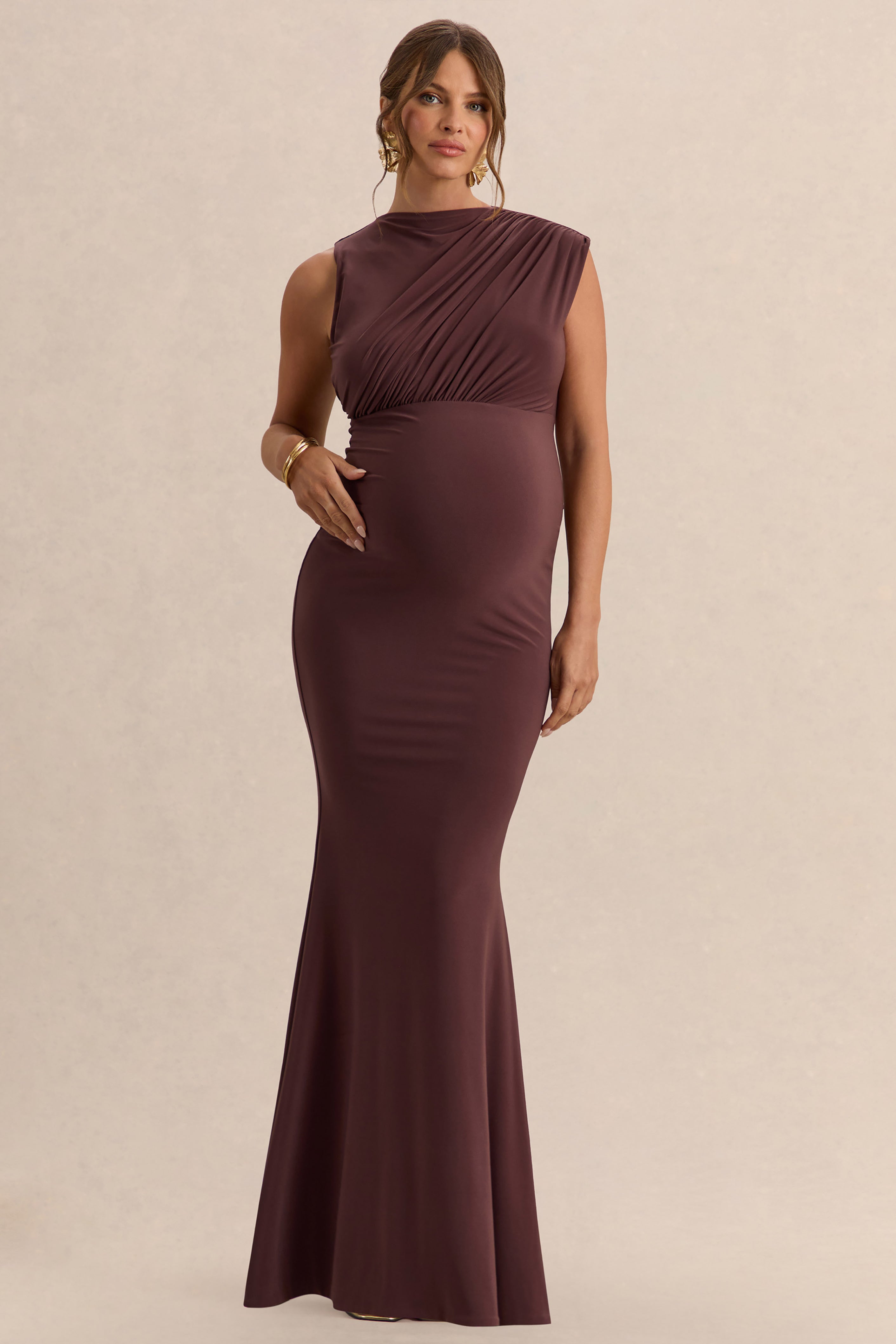 Osanna | Dark Brown Wide-Neck Maternity Maxi Dress With Ruched Detailing