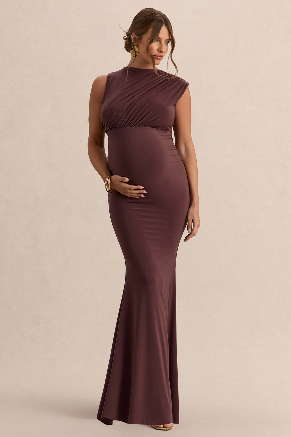 Osanna | Dark Brown Wide-Neck Maternity Maxi Dress With Ruched Detailing