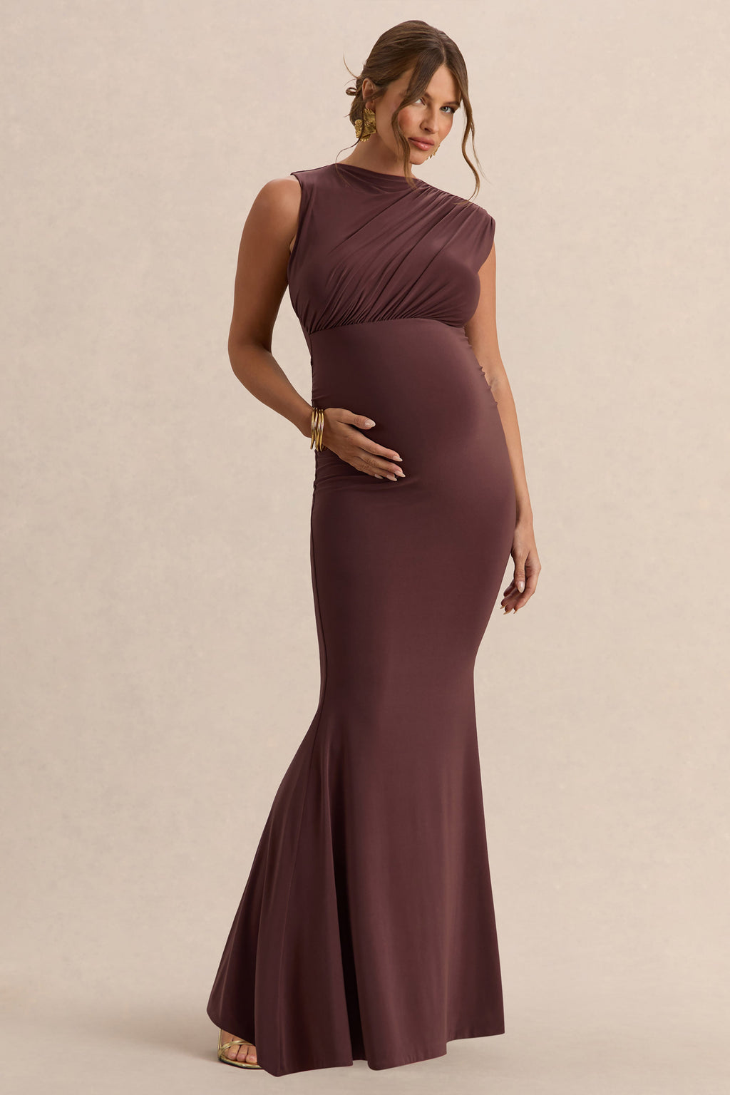 Osanna | Dark Brown Wide-Neck Maternity Maxi Dress With Ruched Detailing