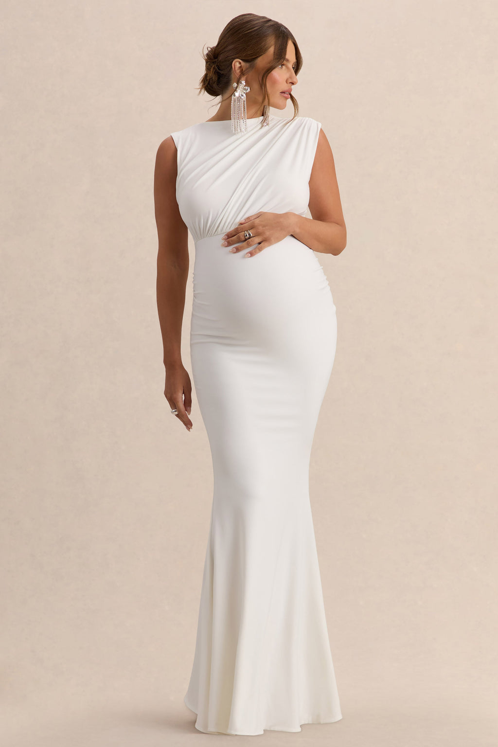 Osanna | White Wide-Neck Maternity Maxi Dress With Ruched Detailing