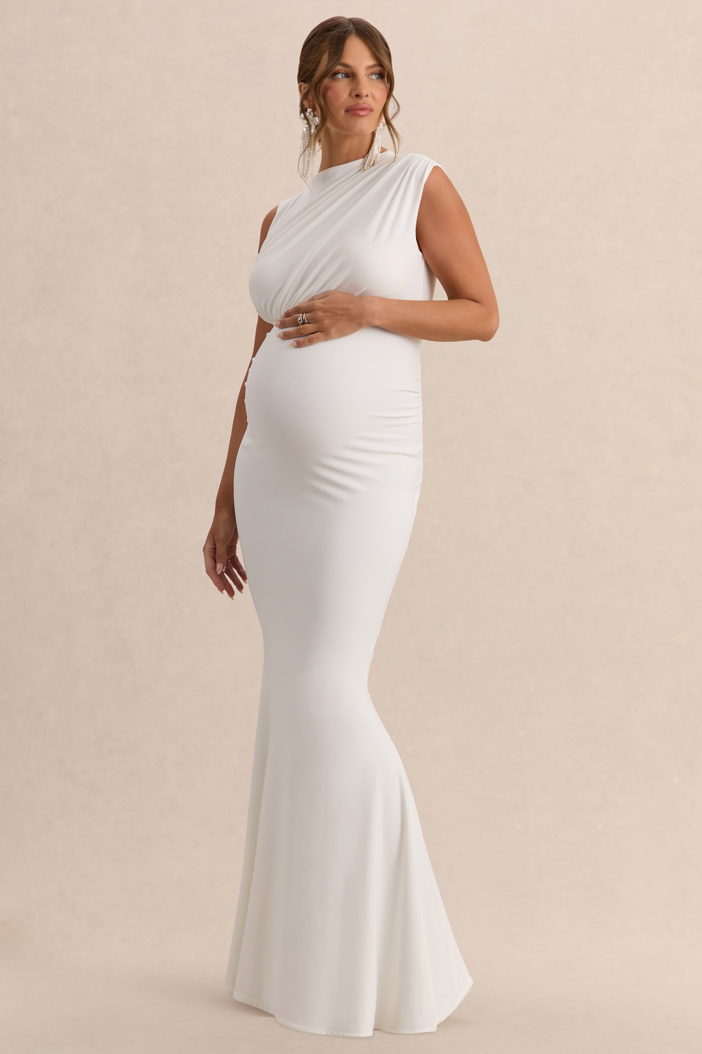 Osanna | White Wide-Neck Maternity Maxi Dress With Ruched Detailing
