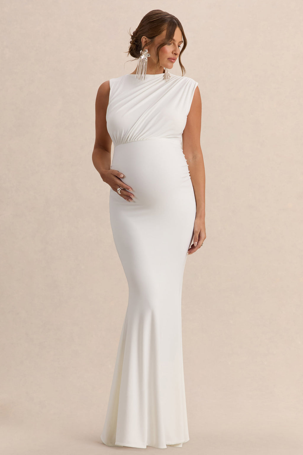 Osanna | White Wide-Neck Maternity Maxi Dress With Ruched Detailing