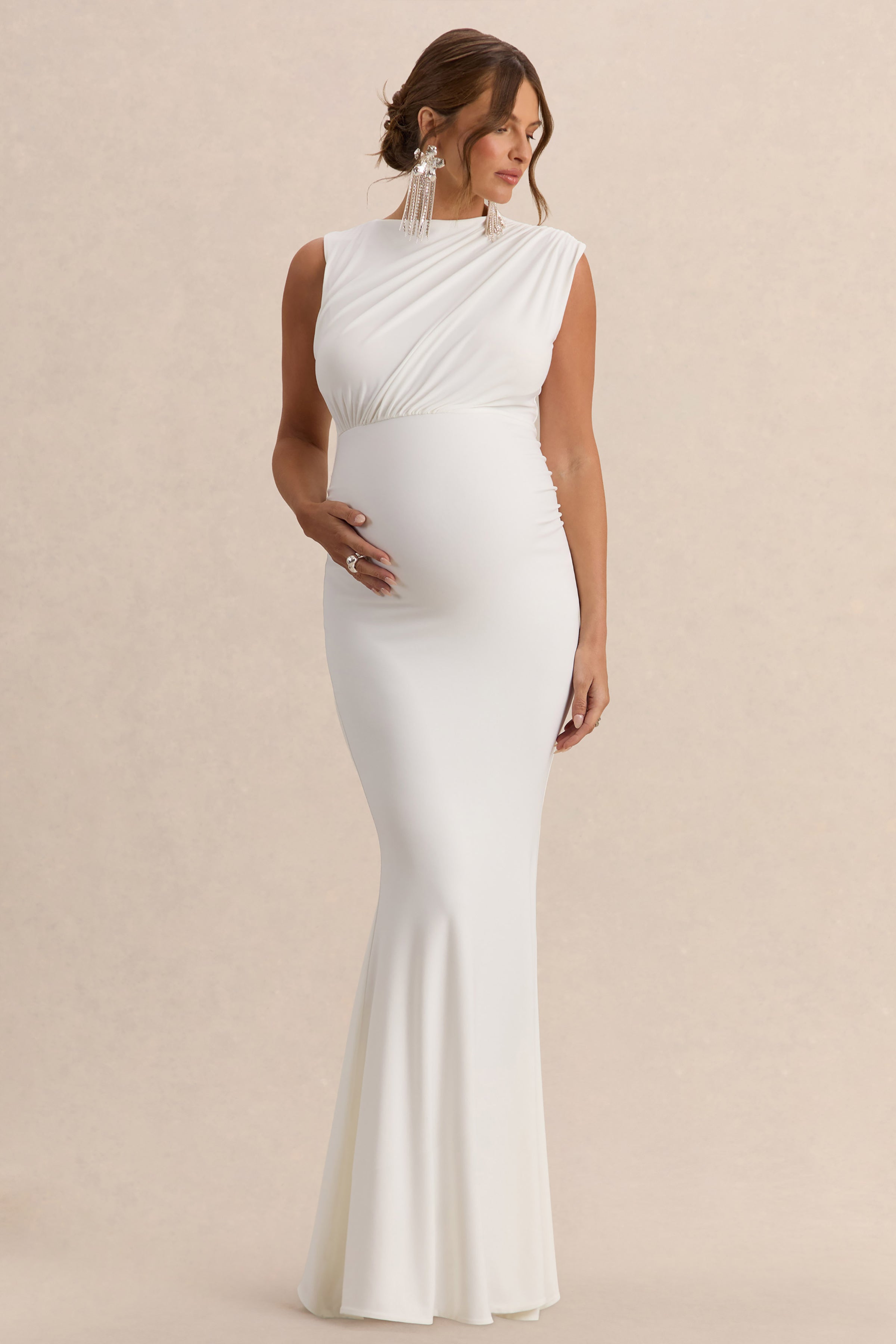Osanna | White Wide-Neck Maternity Maxi Dress With Ruched Detailing