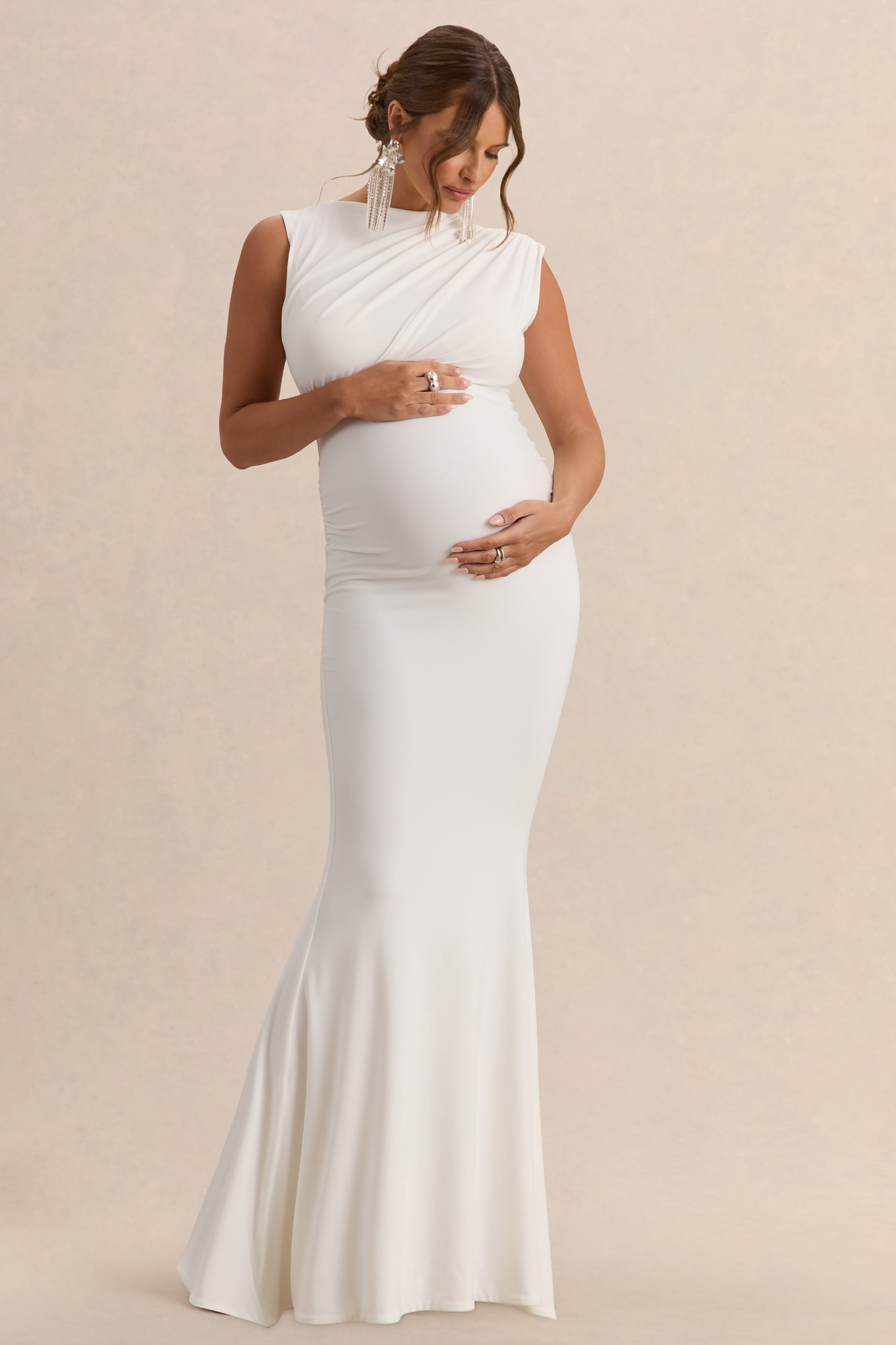 Osanna | White Wide-Neck Maternity Maxi Dress With Ruched Detailing