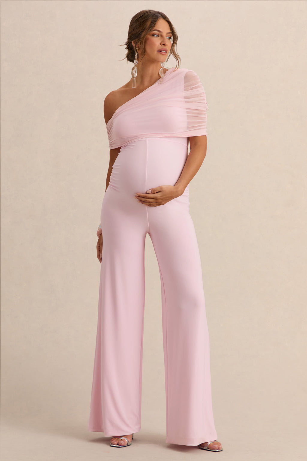Mariska | Light Pink Asymmetric-Neck Maternity Jumpsuit With Sash Detail