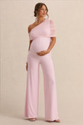 Mariska | Light Pink Asymmetric-Neck Maternity Jumpsuit With Sash Detail