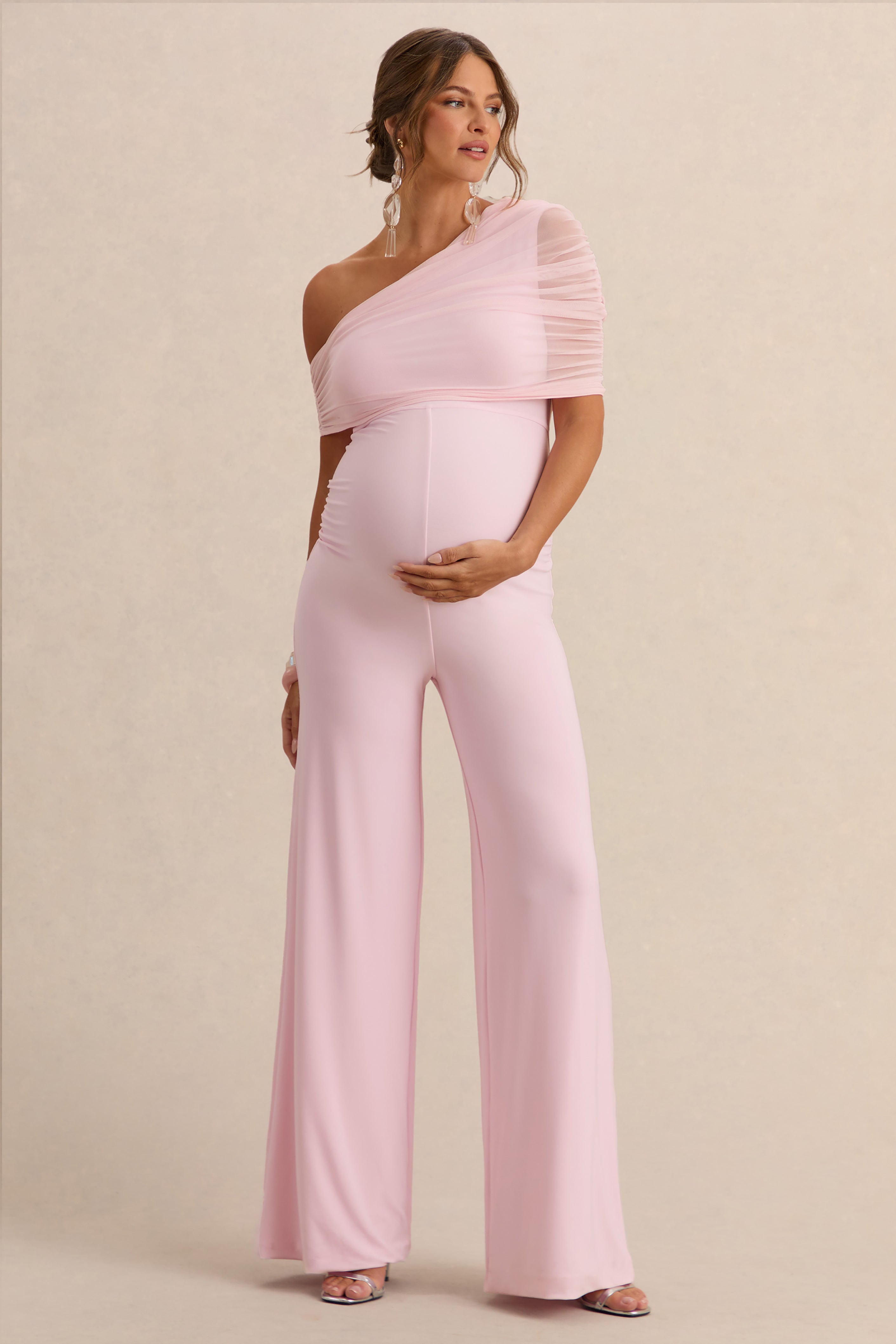 Mariska | Light Pink Asymmetric-Neck Maternity Jumpsuit With Sash Detail