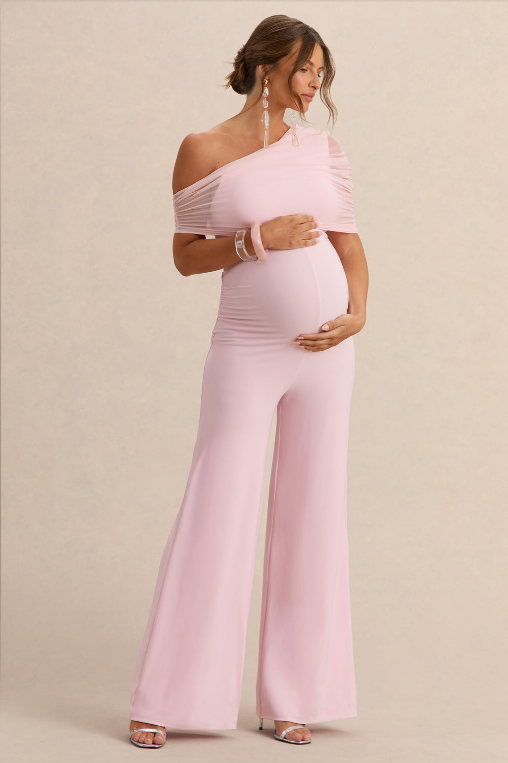 Mariska | Light Pink Asymmetric-Neck Maternity Jumpsuit With Sash Detail