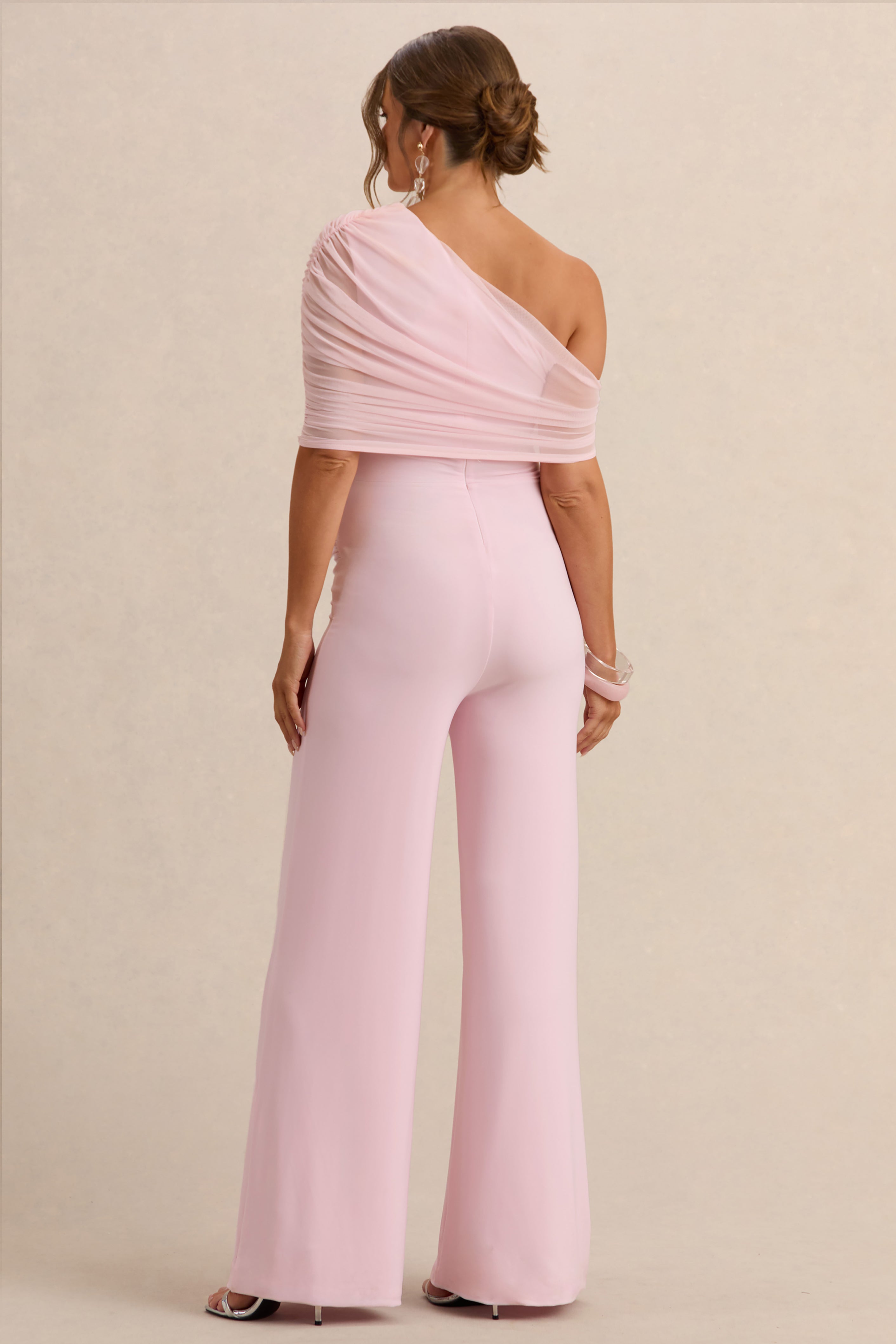 Mariska | Light Pink Asymmetric-Neck Maternity Jumpsuit With Sash Detail