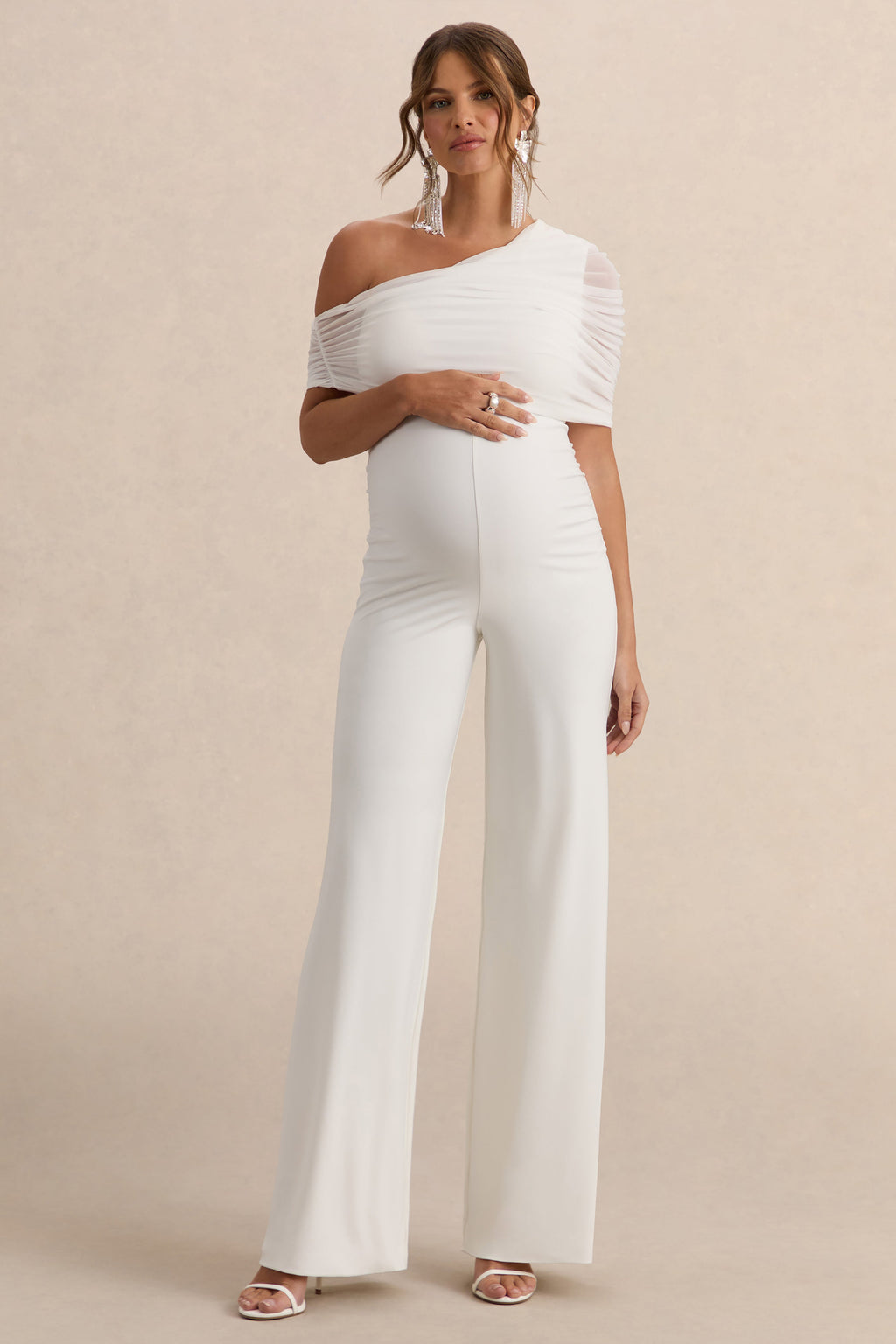 Mariska | White Asymmetric-Neck Maternity Jumpsuit