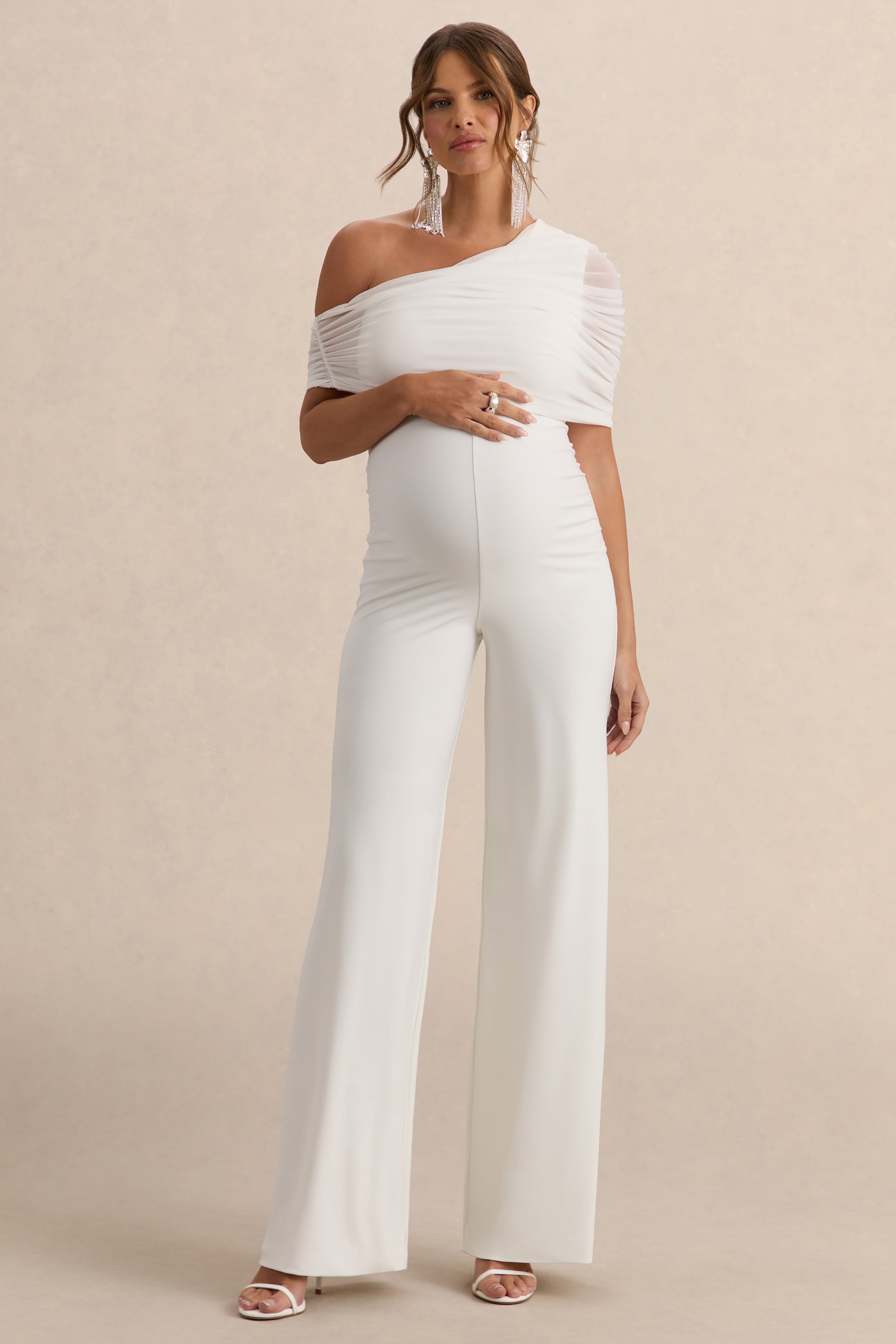 Mariska | White Asymmetric-Neck Maternity Jumpsuit