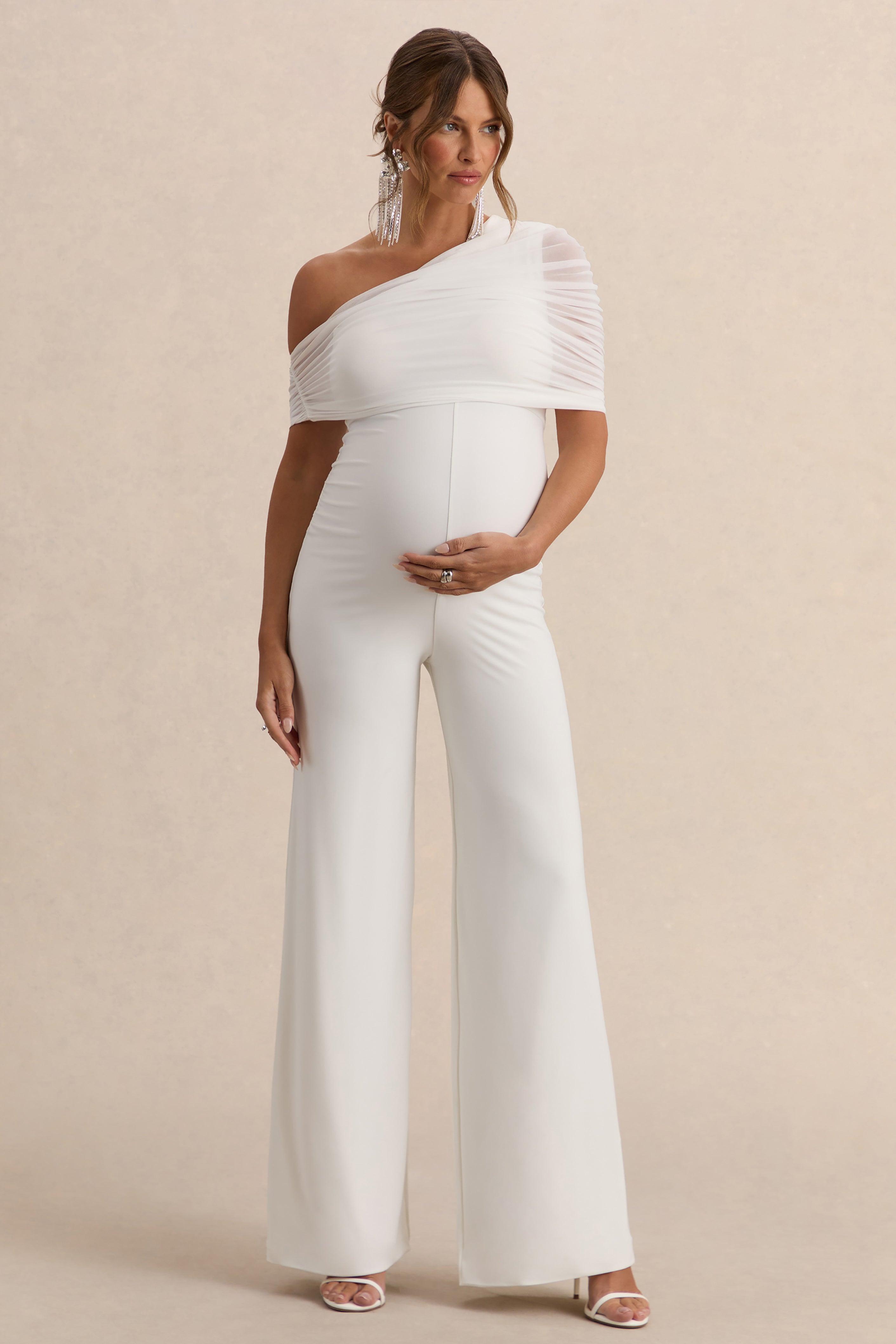 Mariska | White Asymmetric-Neck Maternity Jumpsuit
