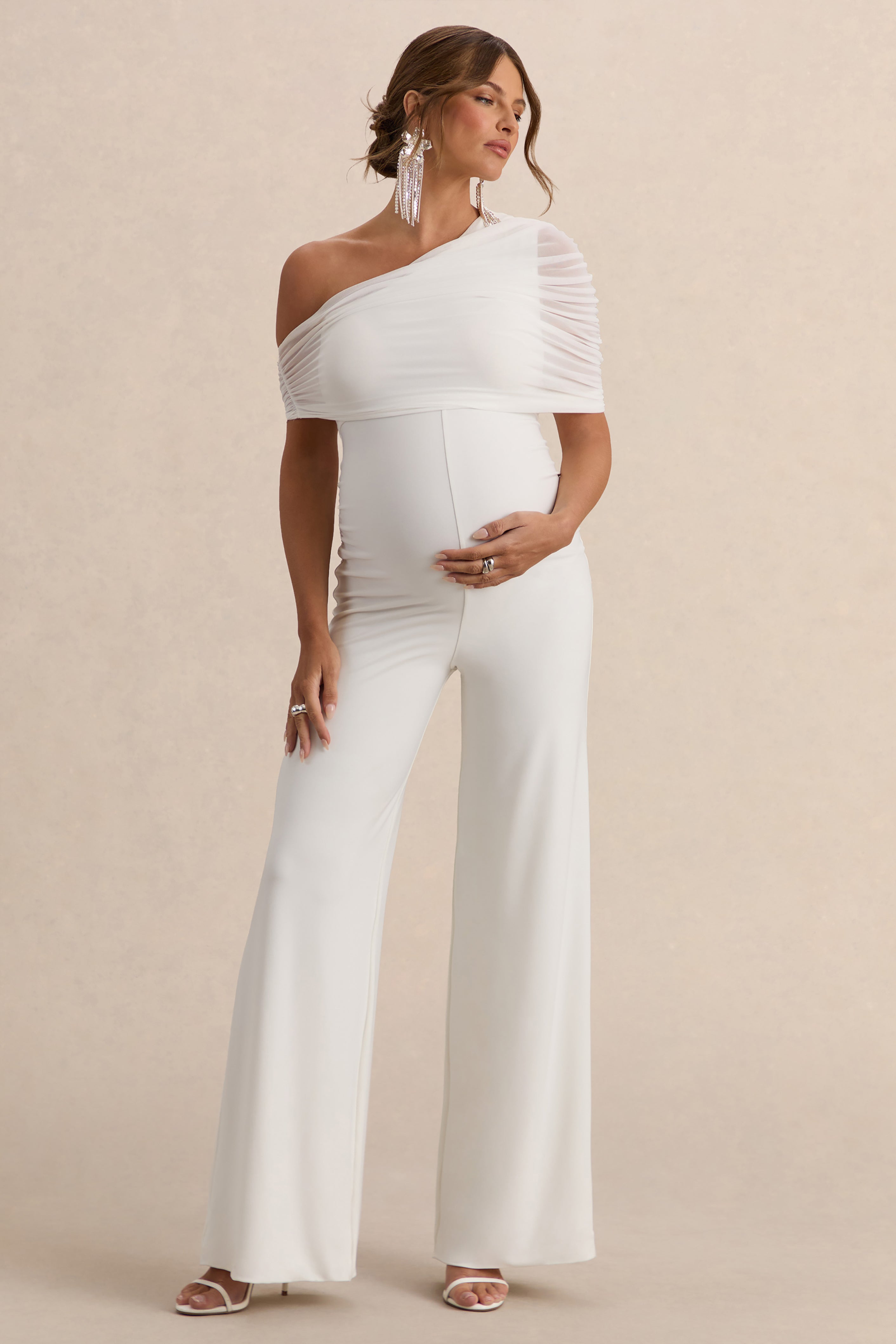Mariska | White Asymmetric-Neck Maternity Jumpsuit