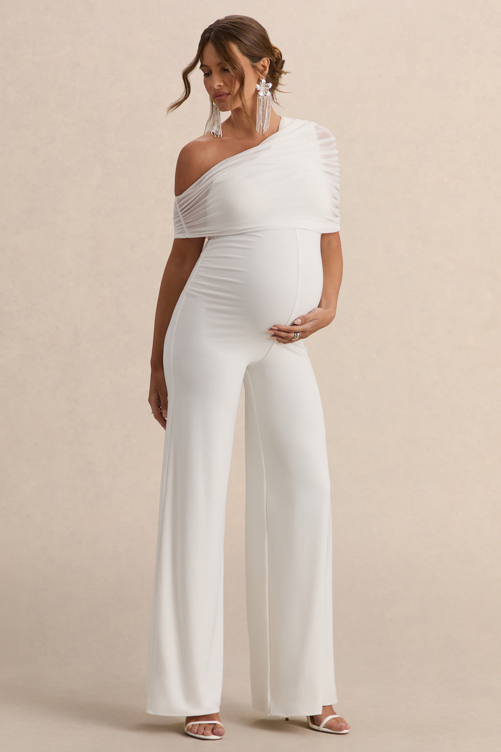 Mariska | White Asymmetric-Neck Maternity Jumpsuit