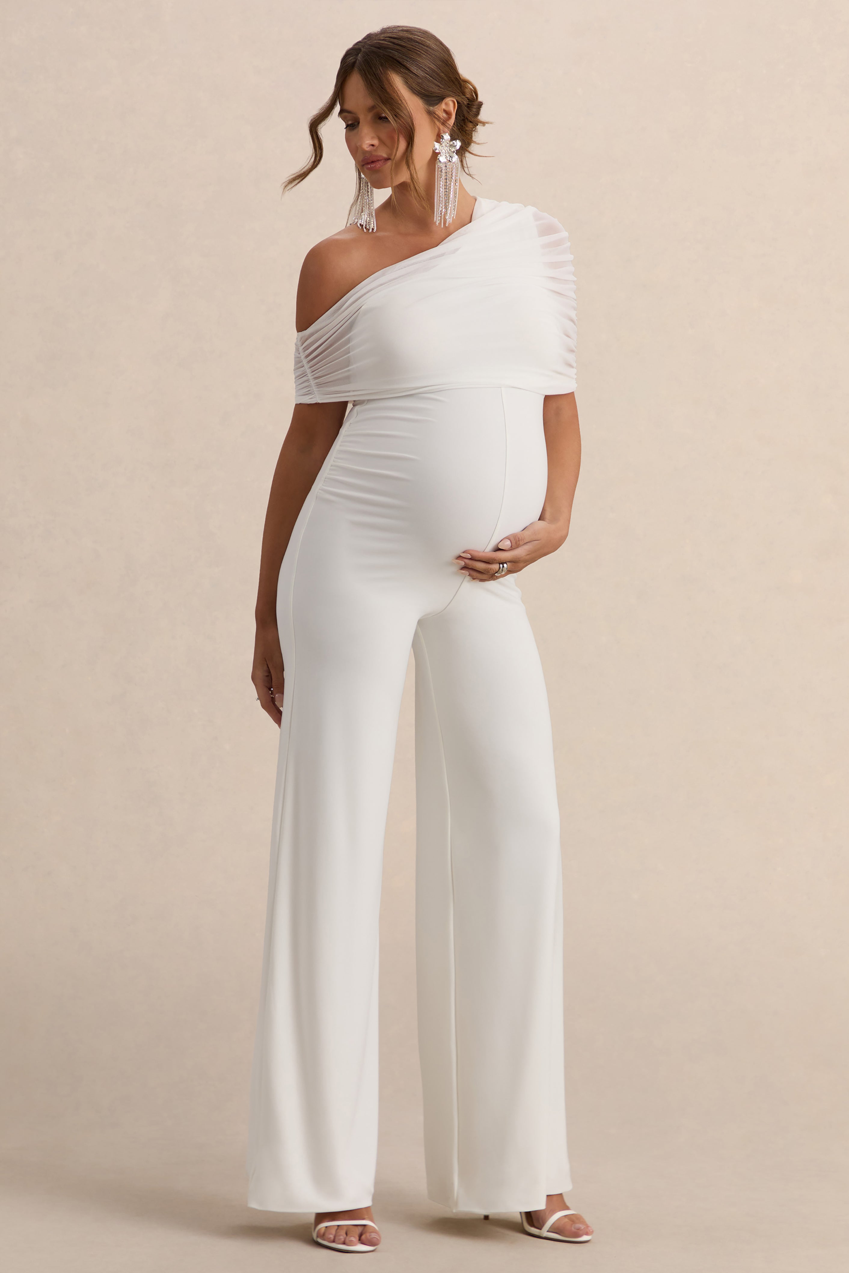 Mariska | White Asymmetric-Neck Maternity Jumpsuit